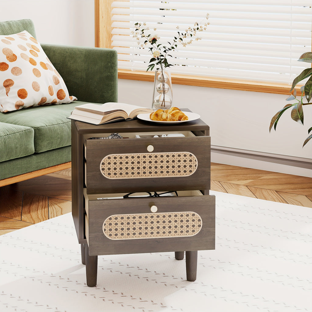 Rattan Nightstand, Solid Oak Wood Nightstand, Boho End Table with 2 Drawer, Bedside Tables Night Stands for Bedrooms, Side Tables for Home