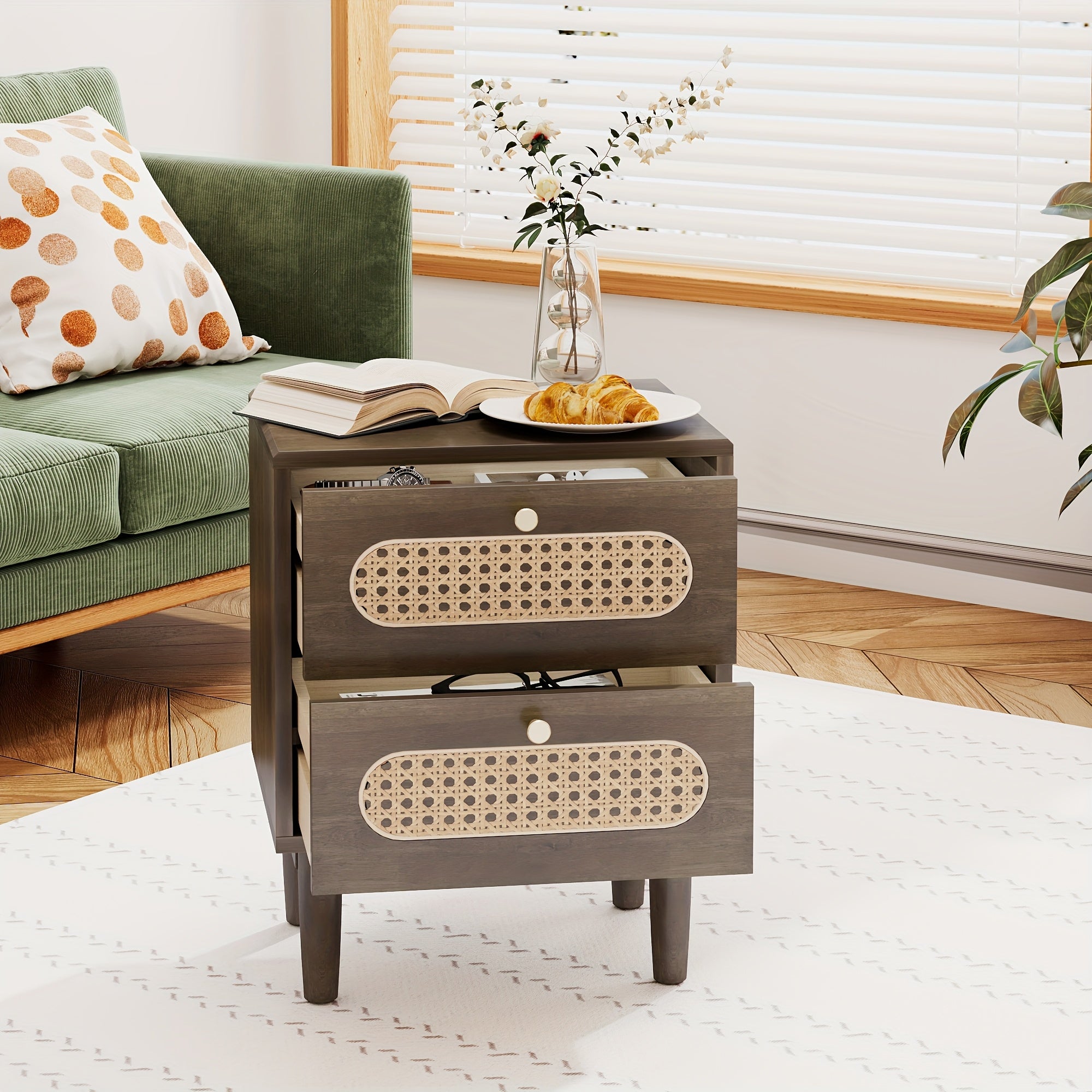 Rattan Nightstand, Solid Oak Wood Nightstand, Boho End Table with 2 Drawer, Bedside Tables Night Stands for Bedrooms, Side Tables for Home