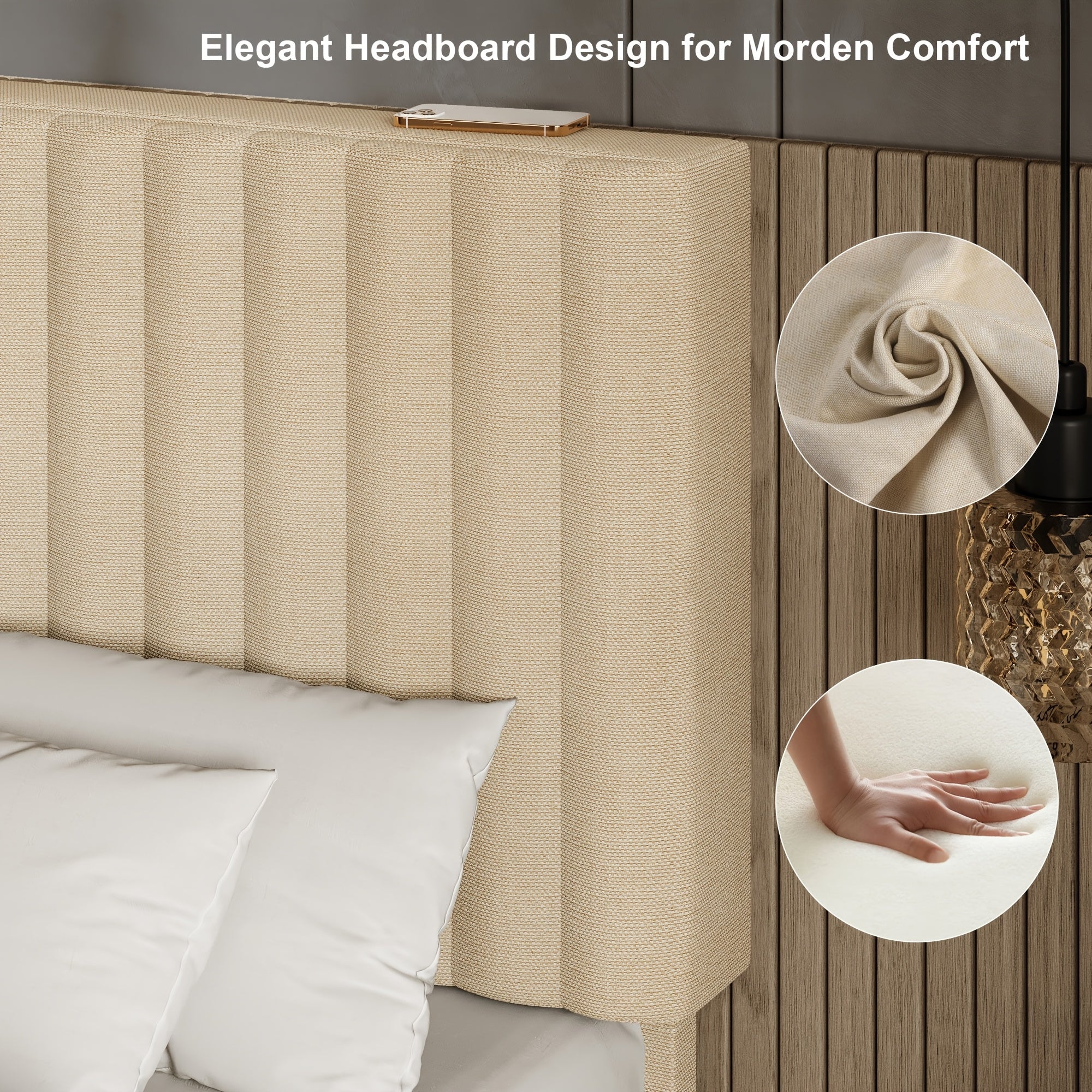 Elegant Modern Bed Frame with Vertical Striped Headboard Design, Platform Bed with Vertical Linen Or Velvet Headboard, Wide Bed Legs And Strong Wood Slats Support, Easy Assembly, Bed Frame Without Mattress