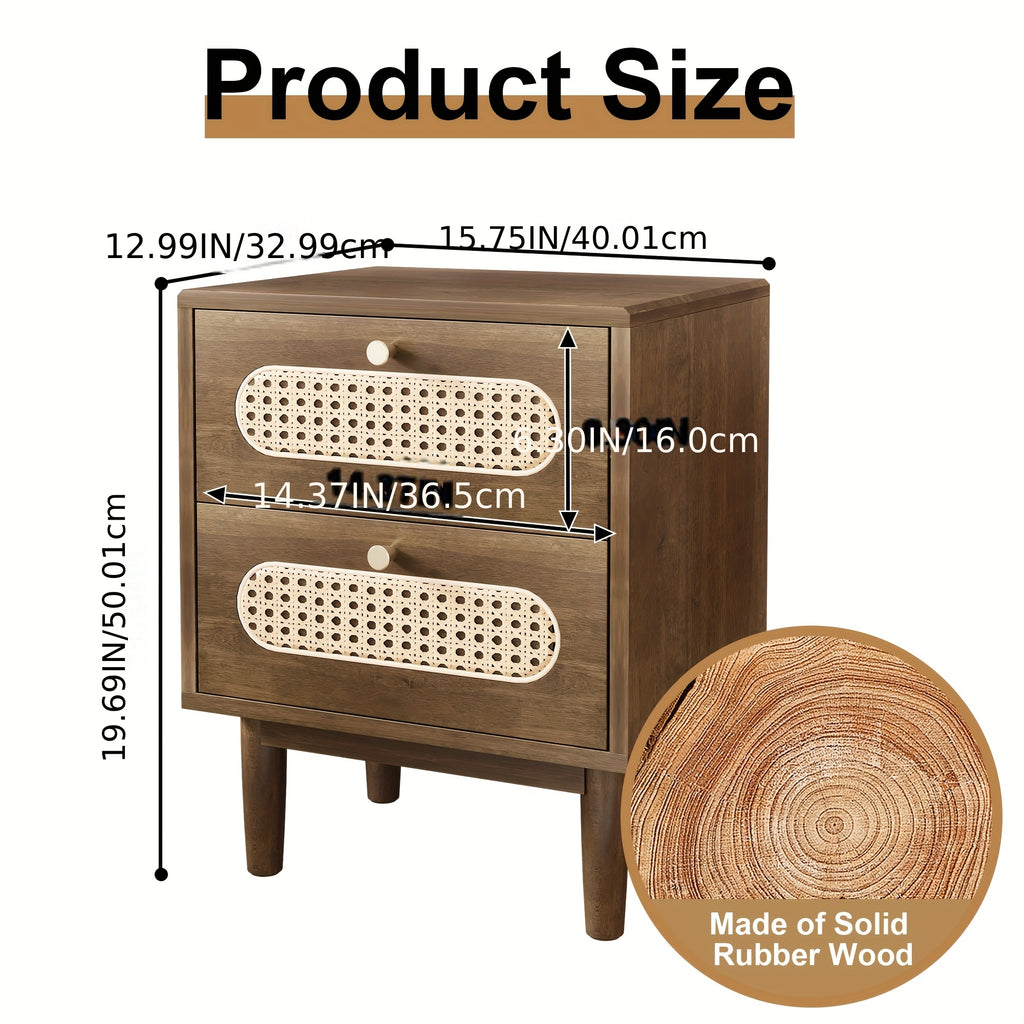 Rattan Nightstand, Solid Oak Wood Nightstand, Boho End Table with 2 Drawer, Bedside Tables Night Stands for Bedrooms, Side Tables for Home