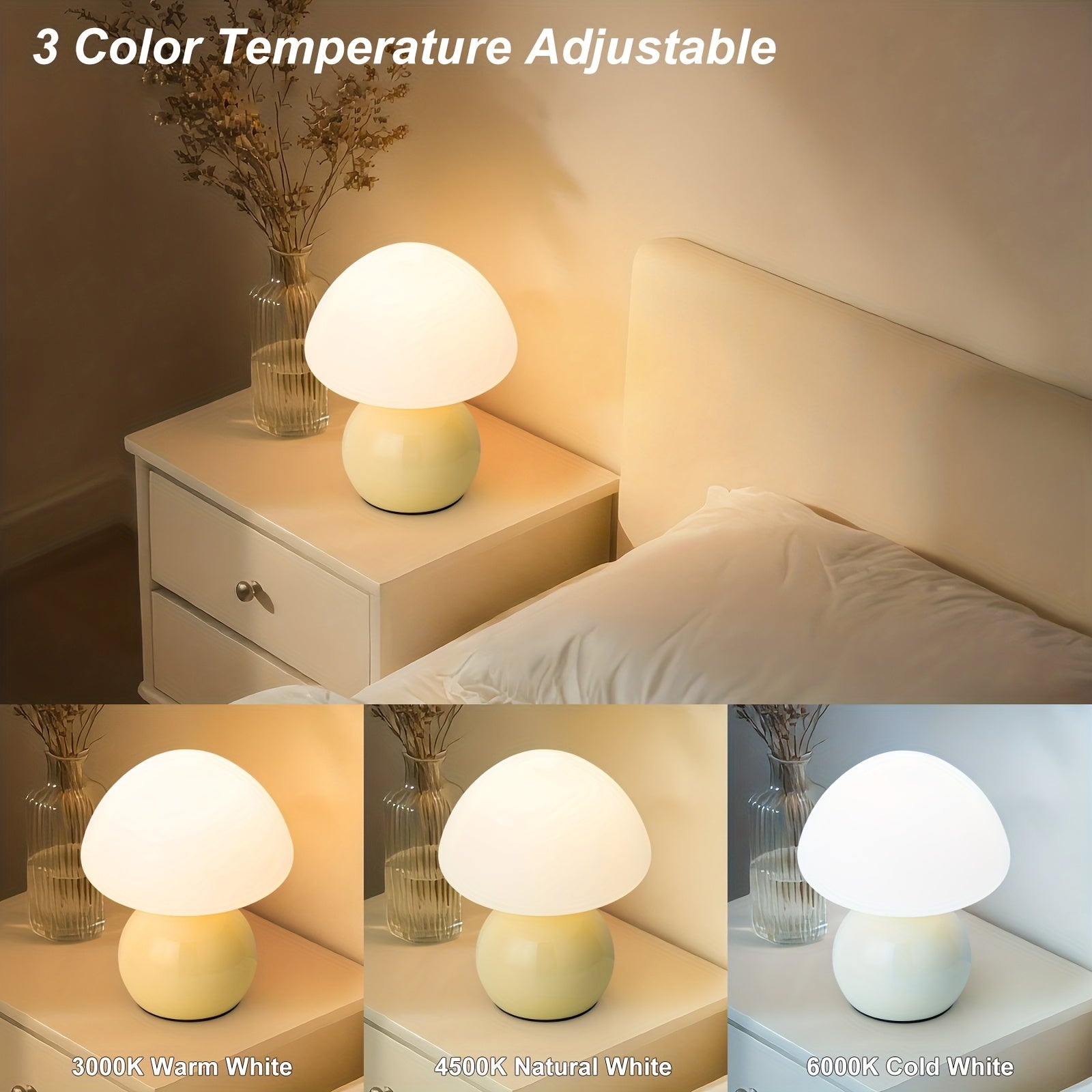 Compact Mushroom Lamp for Bedside, Adjustable Nightstand Light, White Glass Desk Lamp Suitable for Bedroom, Dormitory, Living Room, Kitchen, Office, And Home Decoration