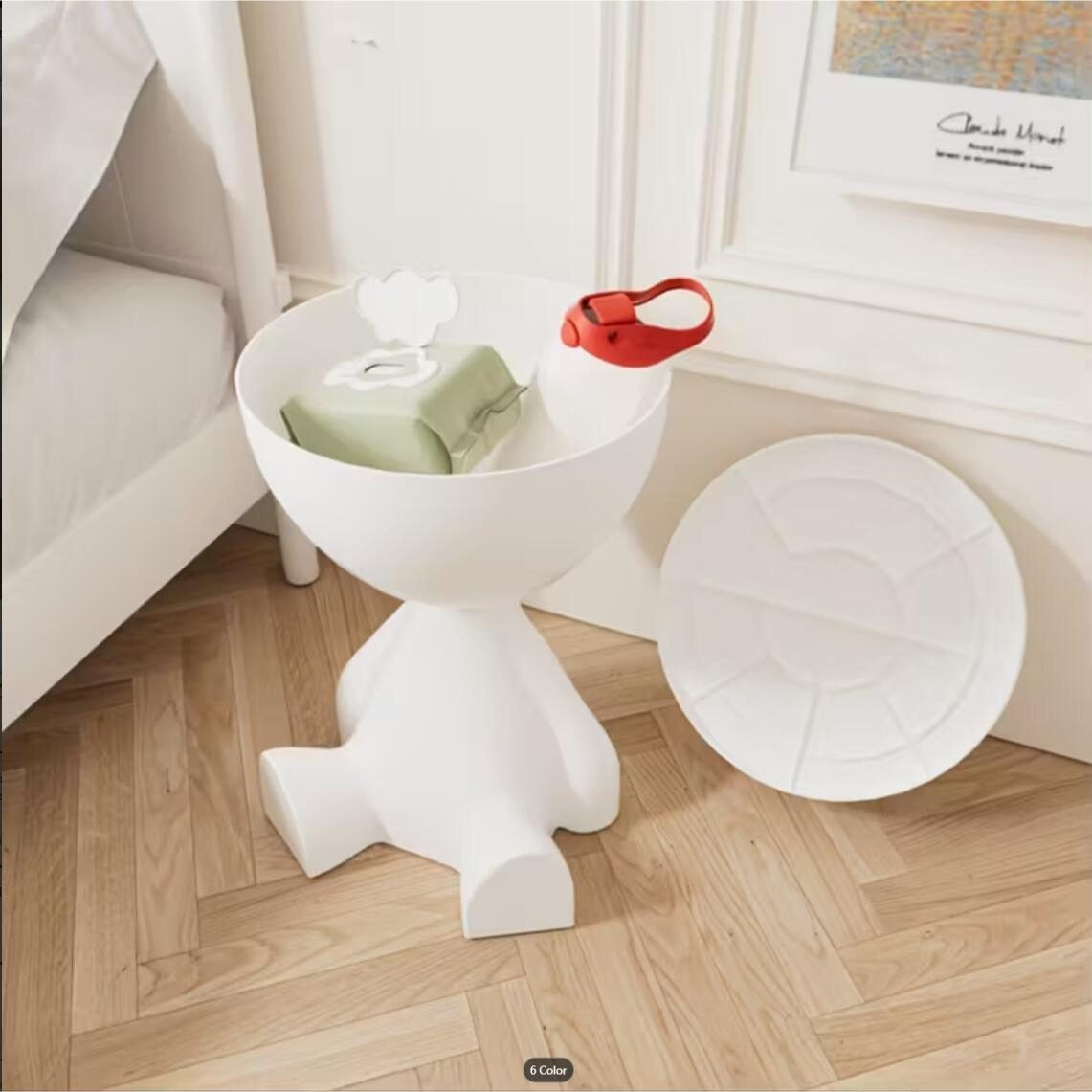 Modern Bear-Shaped Plastic Nightstand, White Bedside Storage Box with Cup Holder for Small Spaces, Easy Assembly, Bedroom & Living Room Decor