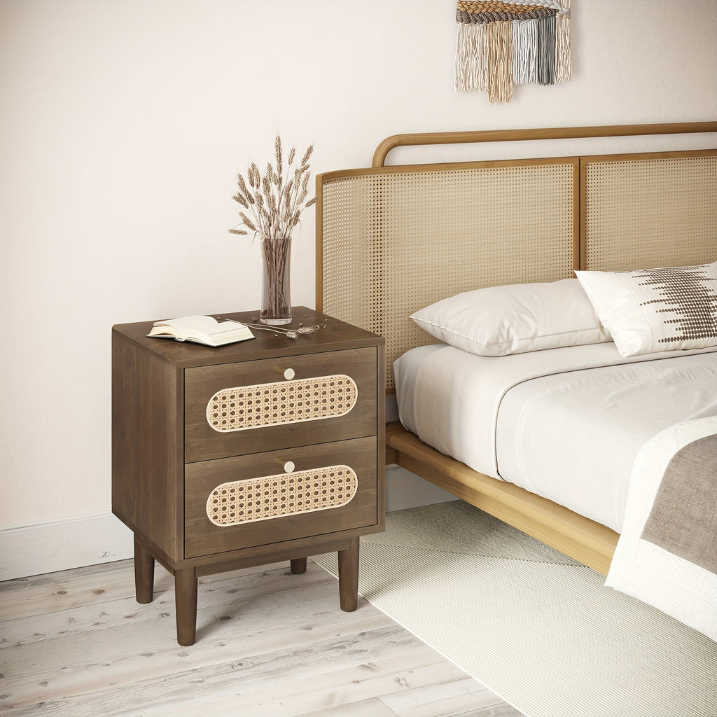 Rattan Nightstand, Solid Oak Wood Nightstand, Boho End Table with 2 Drawer, Bedside Tables Night Stands for Bedrooms, Side Tables for Home