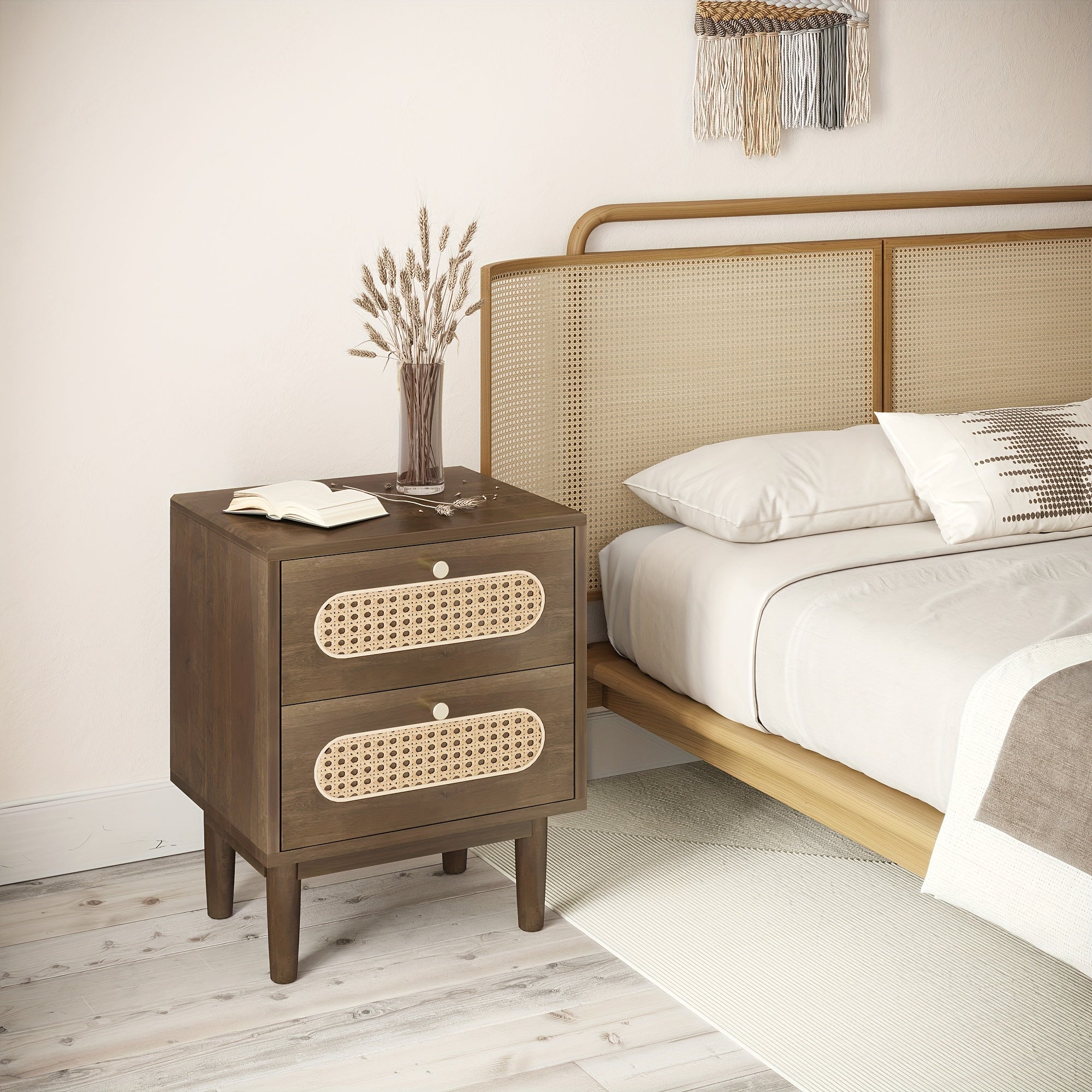 Rattan Nightstand, Solid Oak Wood Nightstand, Boho End Table with 2 Drawer, Bedside Tables Night Stands for Bedrooms, Side Tables for Home