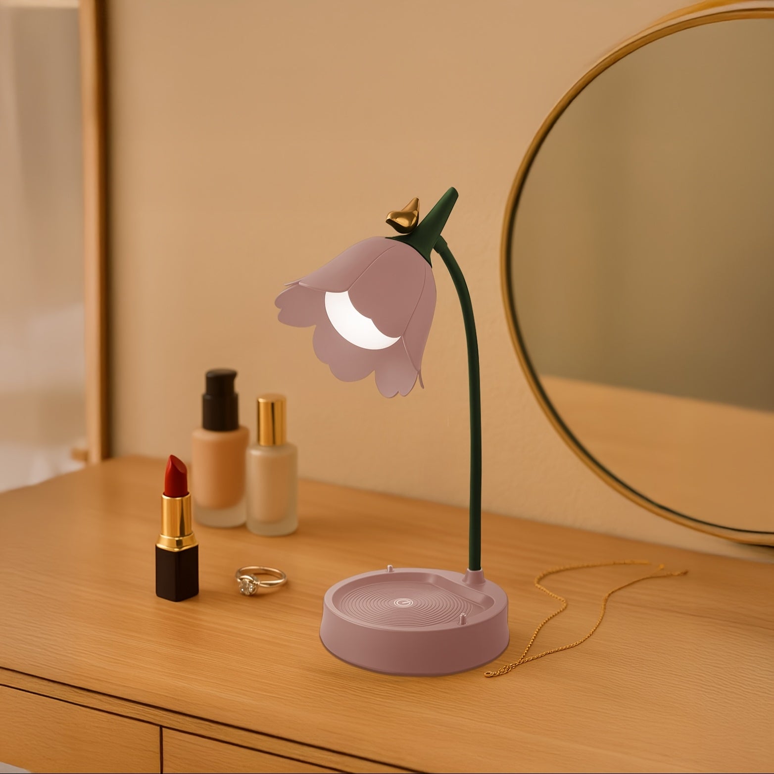 Stylish Floral Bird LED Desk Lamp | USB Rechargeable + 3-Color Stepless Dimming | Smart Touch Sensor Bedroom Decor Night Light for Reading & Study