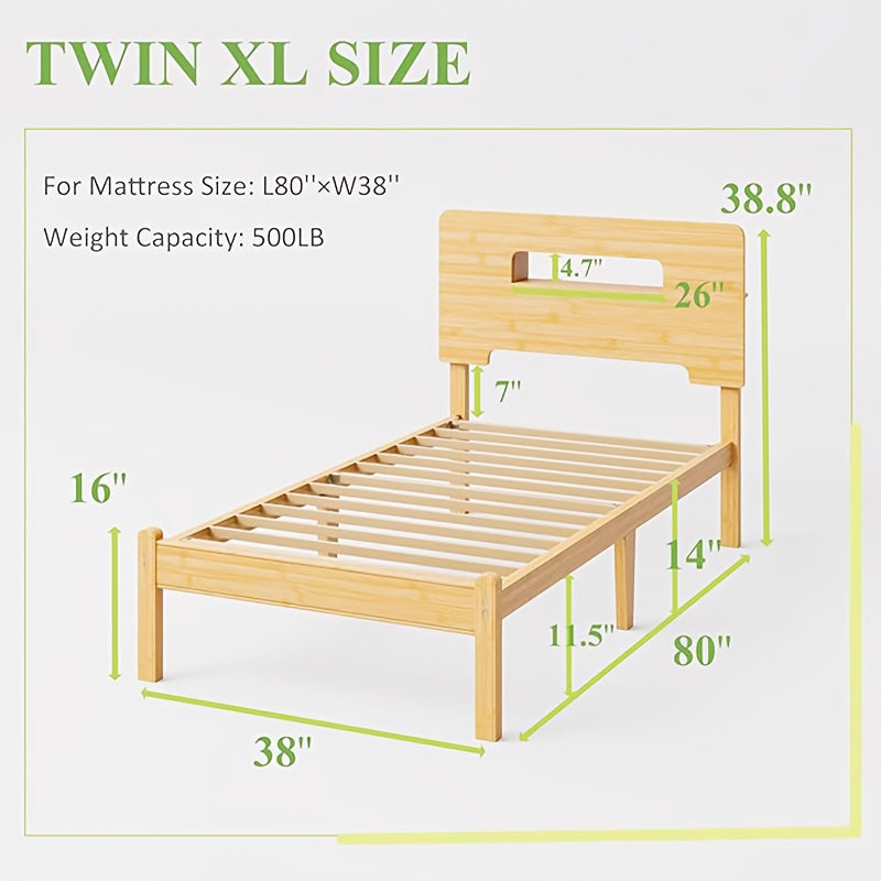 Solid Bamboo Wood Queen Bed Frame With Storage Headboard, 14 Inch Platform Bed Frame Queen No Box Spring Needed With Steel Slats, Sturdy And Stable, Easy Assembly, Noise Free