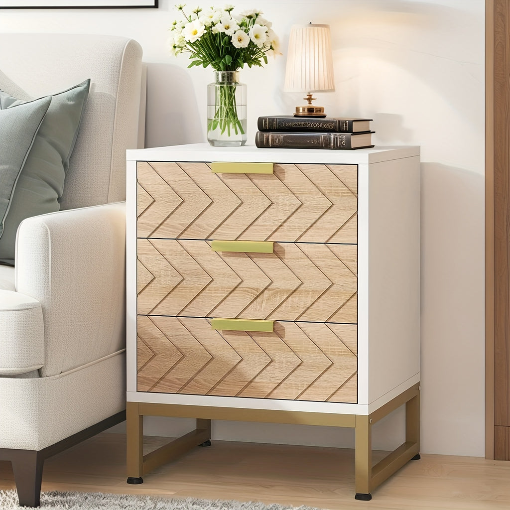 2 Pieces. Modern Simple Bedside Table With 3 Drawers. Metal Bracket. Wooden Scratch-resistant And Stain-resistant Board. Easy To Install. Living Room Storage Cabinet, Coffee Table, Coffee Table, Side Table, Sofa Table. White\u002Fgold.