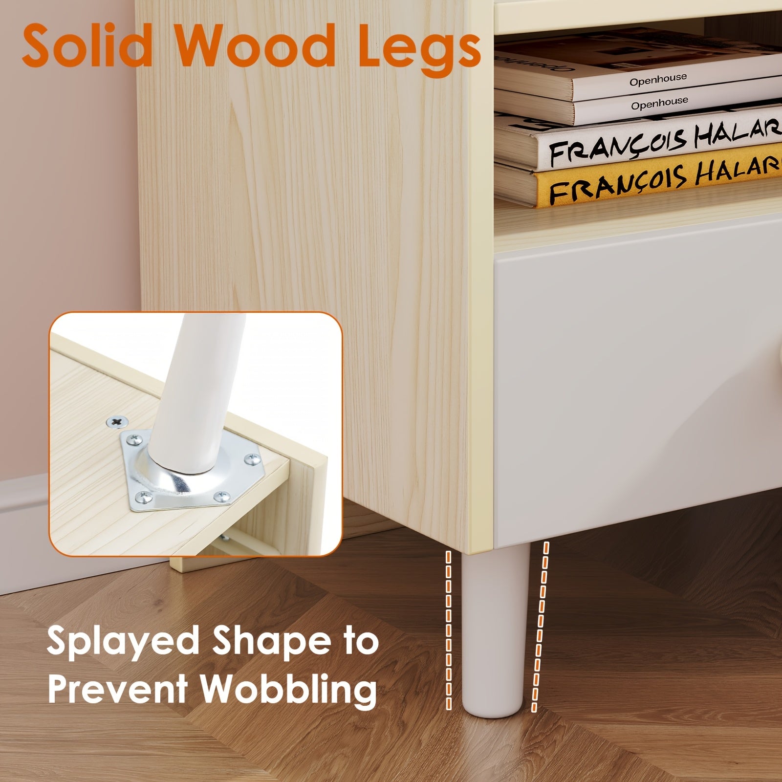 Nightstand With Drawers, Wooden Side Table With Open Shelves, Sturdy Legs, Rounded Edges, Bedside Table For Bedroom Furniture Dorm Small Space