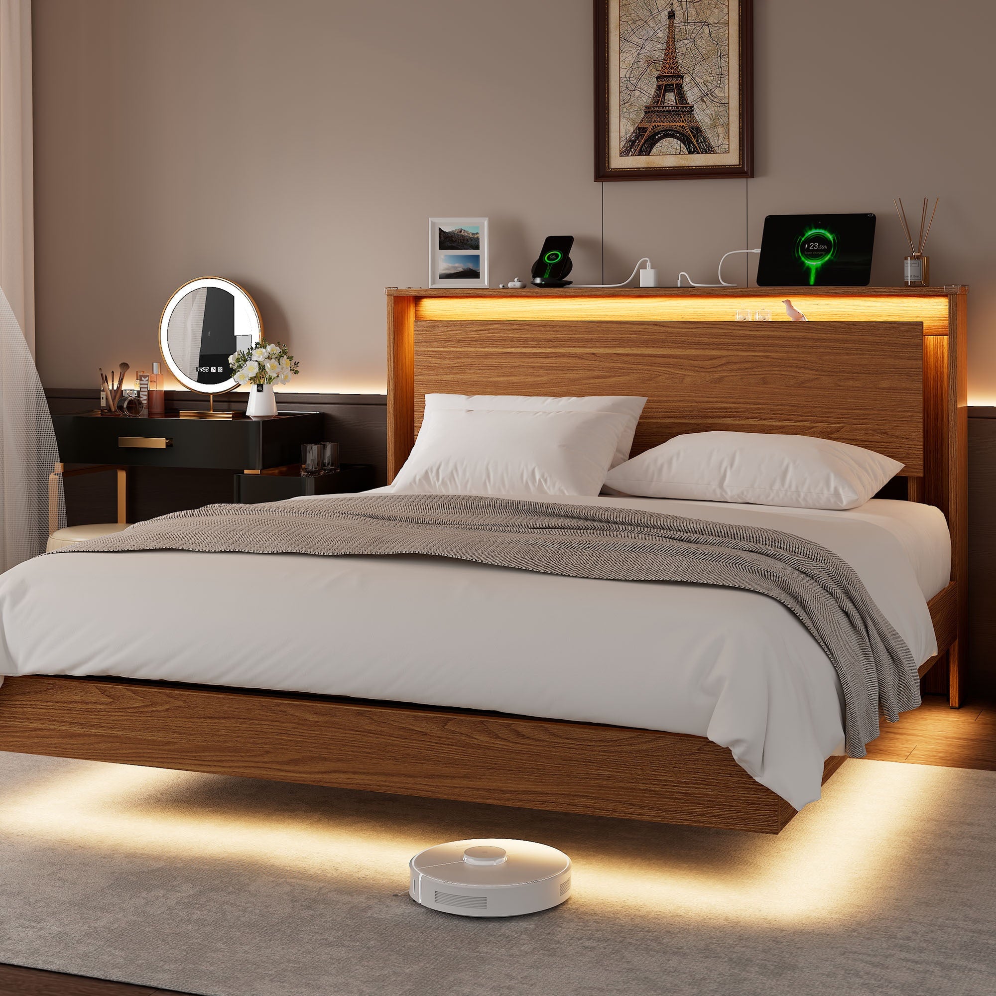Floating Bed Frame with LED Lights & Charging Station, Heavy Duty Metal Support Frame, Easy Assembly