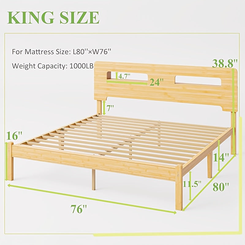 Solid Bamboo Wood Queen Bed Frame With Storage Headboard, 14 Inch Platform Bed Frame Queen No Box Spring Needed With Steel Slats, Sturdy And Stable, Easy Assembly, Noise Free