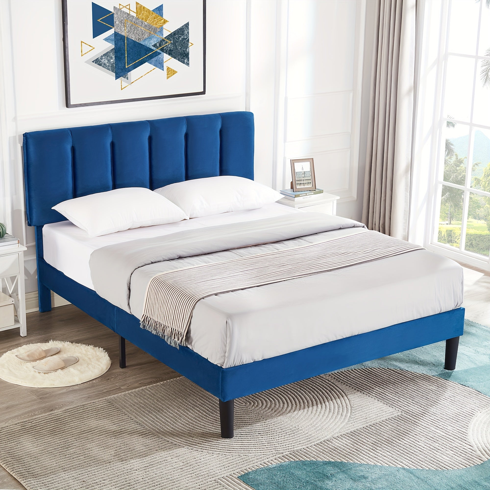 Upholstered Bed Frame Twin\u002FFull\u002FQueen Size Platform Bed with Adjustable Headboard Wood Slats Support