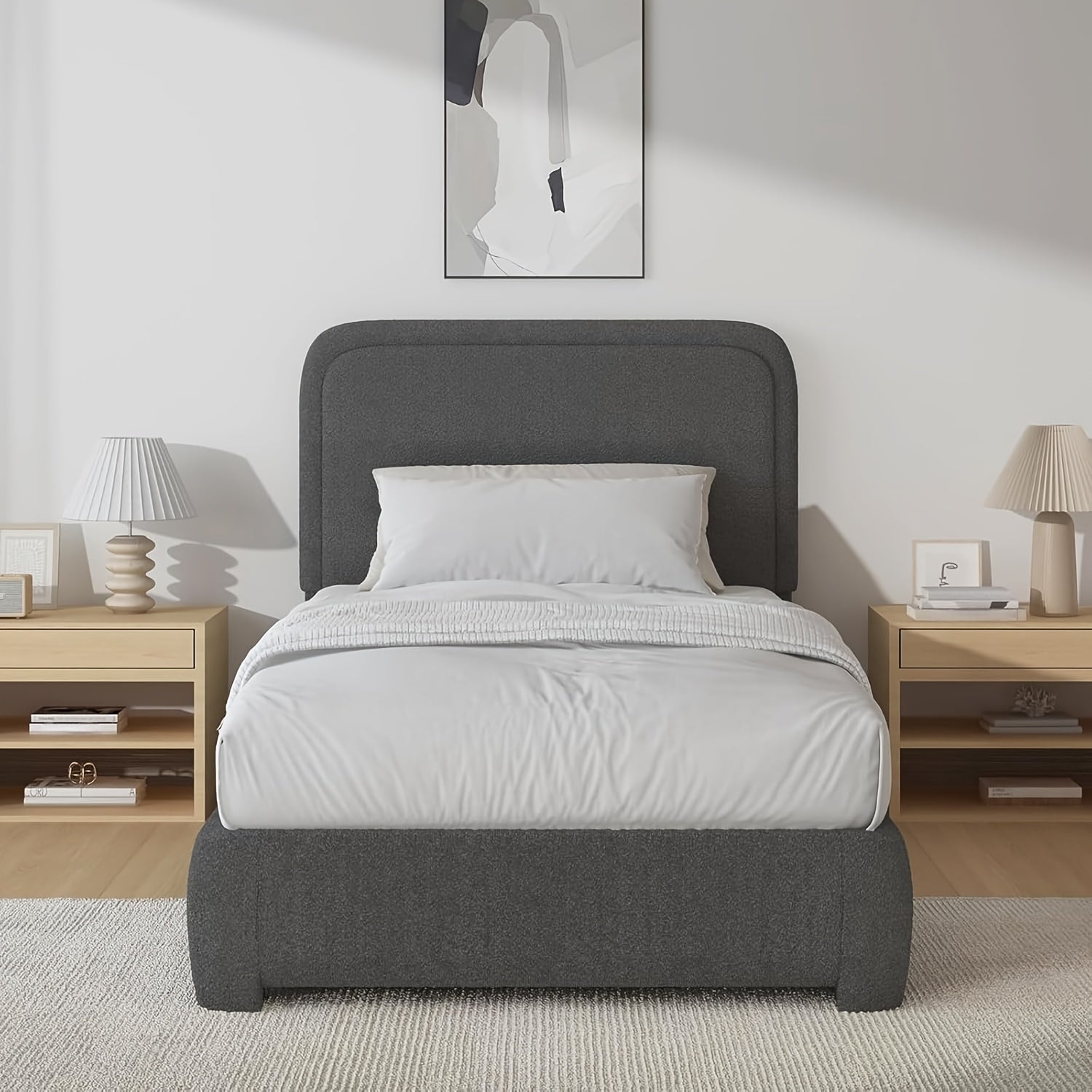 Queen Size Bed Frame And Headboard, Platform Bed Frame, Modern Style, Soft Rounded Corners, No Box Spring Required, Easy Assembly, Queen Bed Frame, Cream White Grey