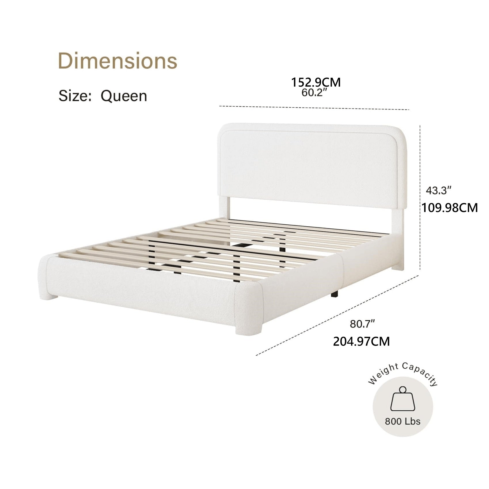 Queen Size Bed Frame And Headboard, Platform Bed Frame, Modern Style, Soft Rounded Corners, No Box Spring Required, Easy Assembly, Queen Bed Frame, Cream White Grey