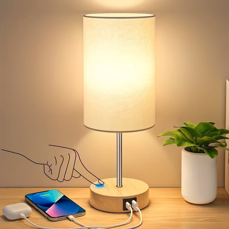 1\u002F2pcs Bedside Table Lamp For Bedroom - 3 Way Dimmable Touch Lamp USB C Charging Ports, Small Lamp Wood Base Round Shade For Living Room, Desk, A19 LED Bulb Included