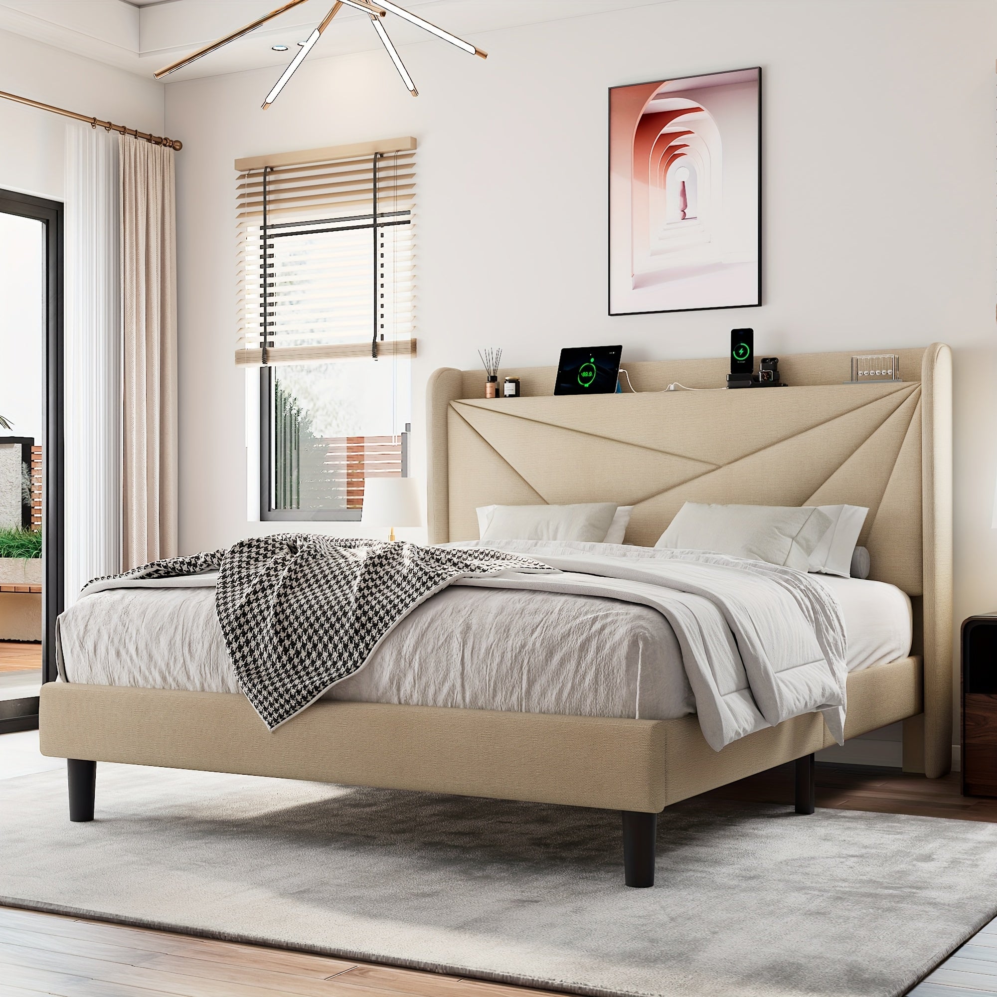 Bed Frame with 8-Inch High Under-Bed Storage Space, Easy-To-Assemble Modern-Style Platform Bed, Geometric Linen\u002FVelvet Storage Headboard Design, Built-In Charging Station, Bed Frame Without Mattress