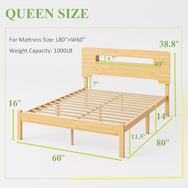 Solid Bamboo Wood Queen Bed Frame With Storage Headboard, 14 Inch Platform Bed Frame Queen No Box Spring Needed With Steel Slats, Sturdy And Stable, Easy Assembly, Noise Free