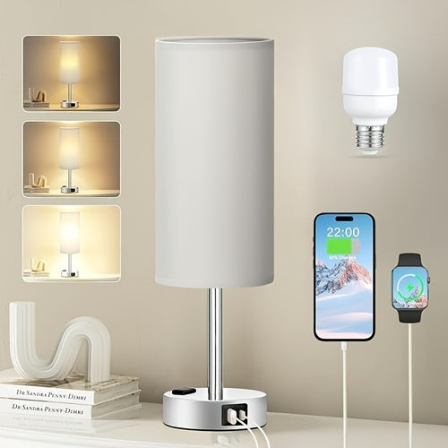 1\u002F2pcs Bedside Table Lamp For Bedroom - 3 Way Dimmable Touch Lamp USB C Charging Ports, Small Lamp Wood Base Round Shade For Living Room, Desk, A19 LED Bulb Included