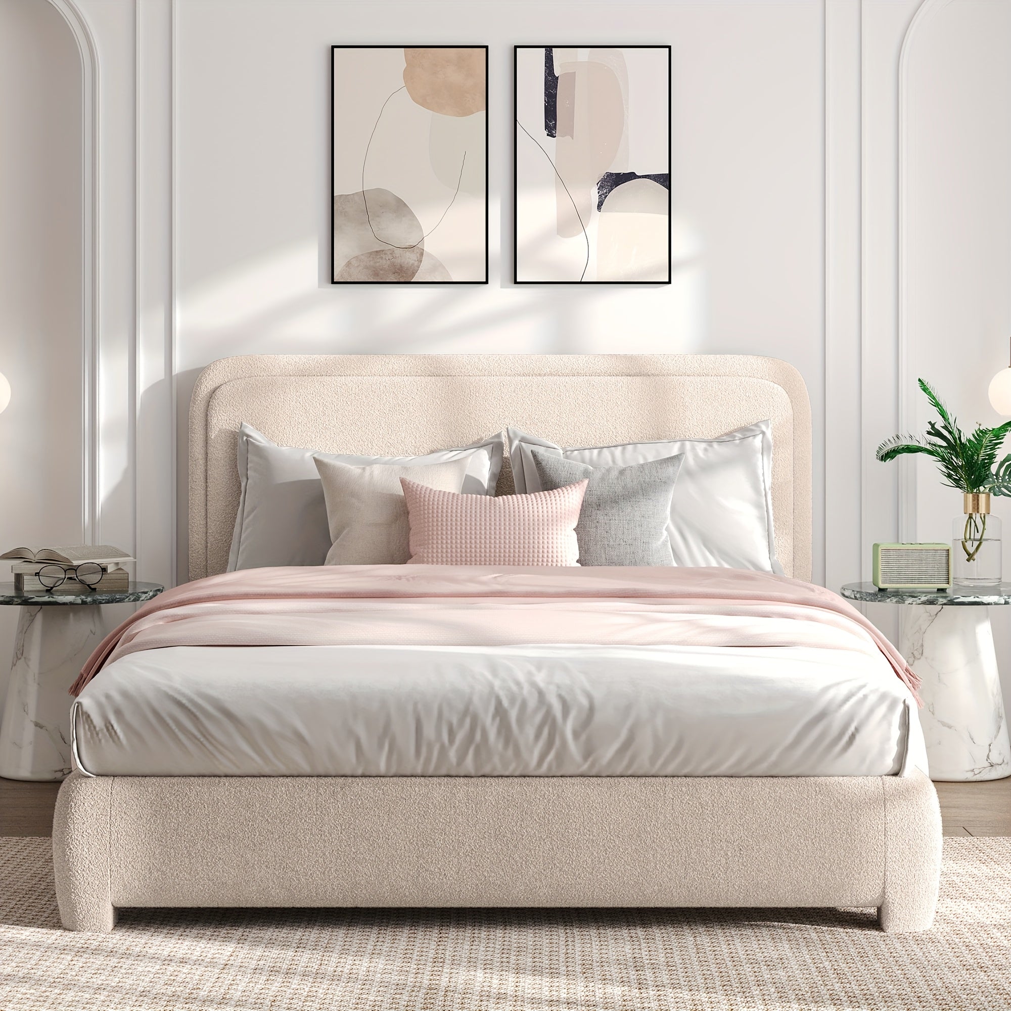 Queen Size Bed Frame And Headboard, Platform Bed Frame, Modern Style, Soft Rounded Corners, No Box Spring Required, Easy Assembly, Queen Bed Frame, Cream White Grey