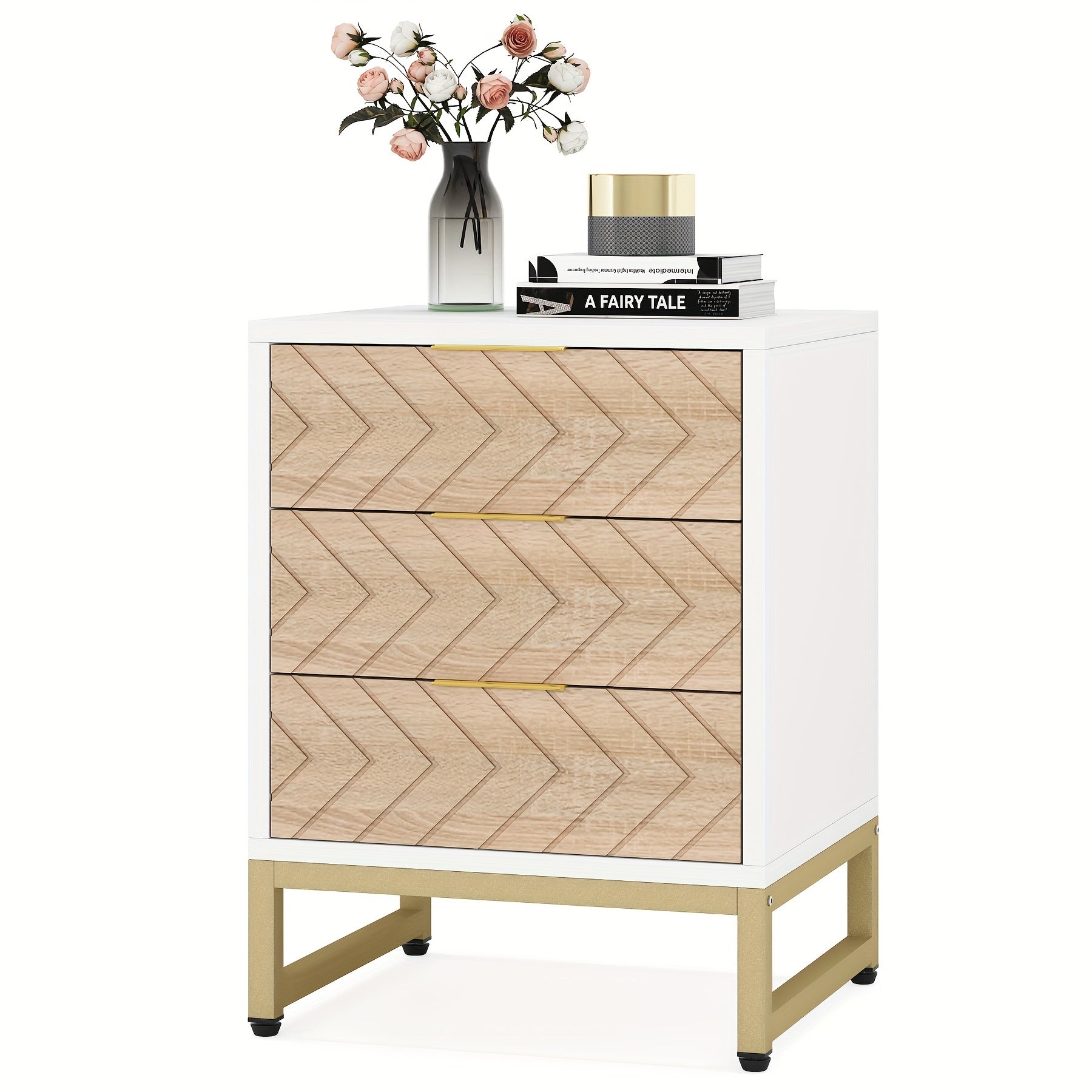 2 Pieces. Modern Simple Bedside Table With 3 Drawers. Metal Bracket. Wooden Scratch-resistant And Stain-resistant Board. Easy To Install. Living Room Storage Cabinet, Coffee Table, Coffee Table, Side Table, Sofa Table. White\u002Fgold.