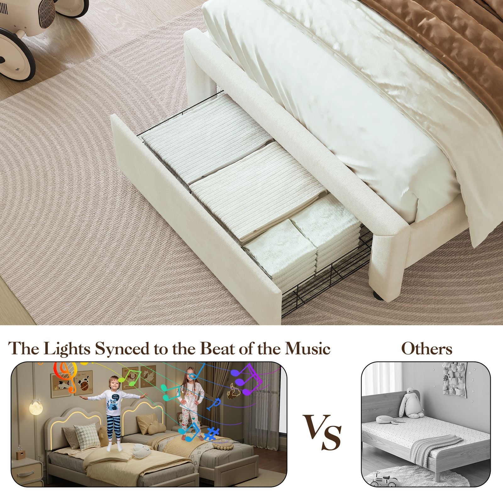 Twin Bed Frame with Storage Drawer & Adjustable Upholstered Headboard - Soft-Close Metal Platform Bed, No Box Spring Needed, Easy Assembly Modern Queen-like Style for \u002Fs (Single Bed) - Space-Saving Bed Frame