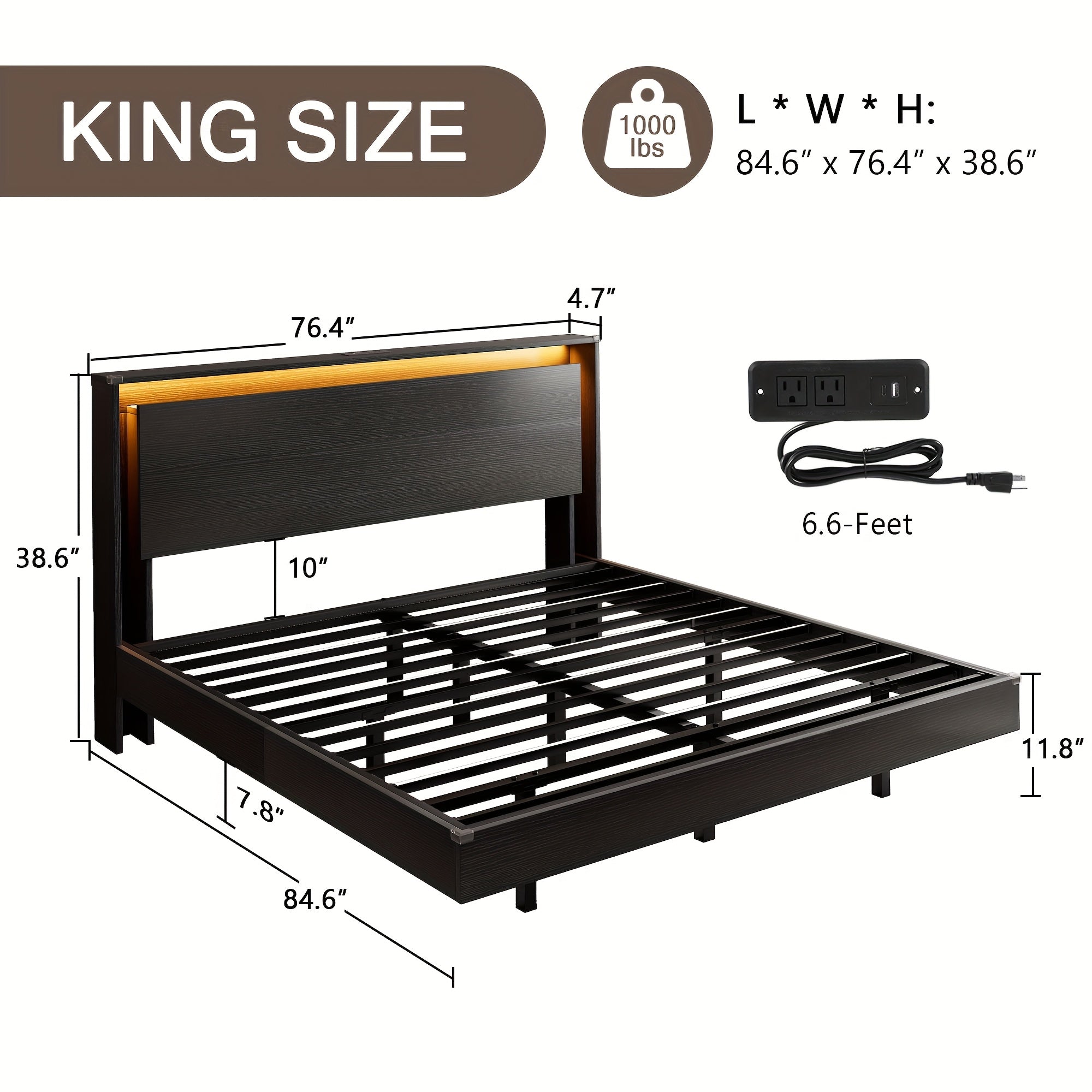 Floating Bed Frame with LED Lights & Charging Station, Heavy Duty Metal Support Frame, Easy Assembly