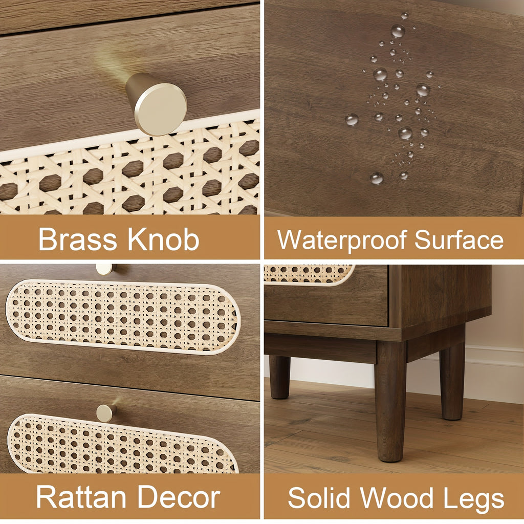 Rattan Nightstand, Solid Oak Wood Nightstand, Boho End Table with 2 Drawer, Bedside Tables Night Stands for Bedrooms, Side Tables for Home