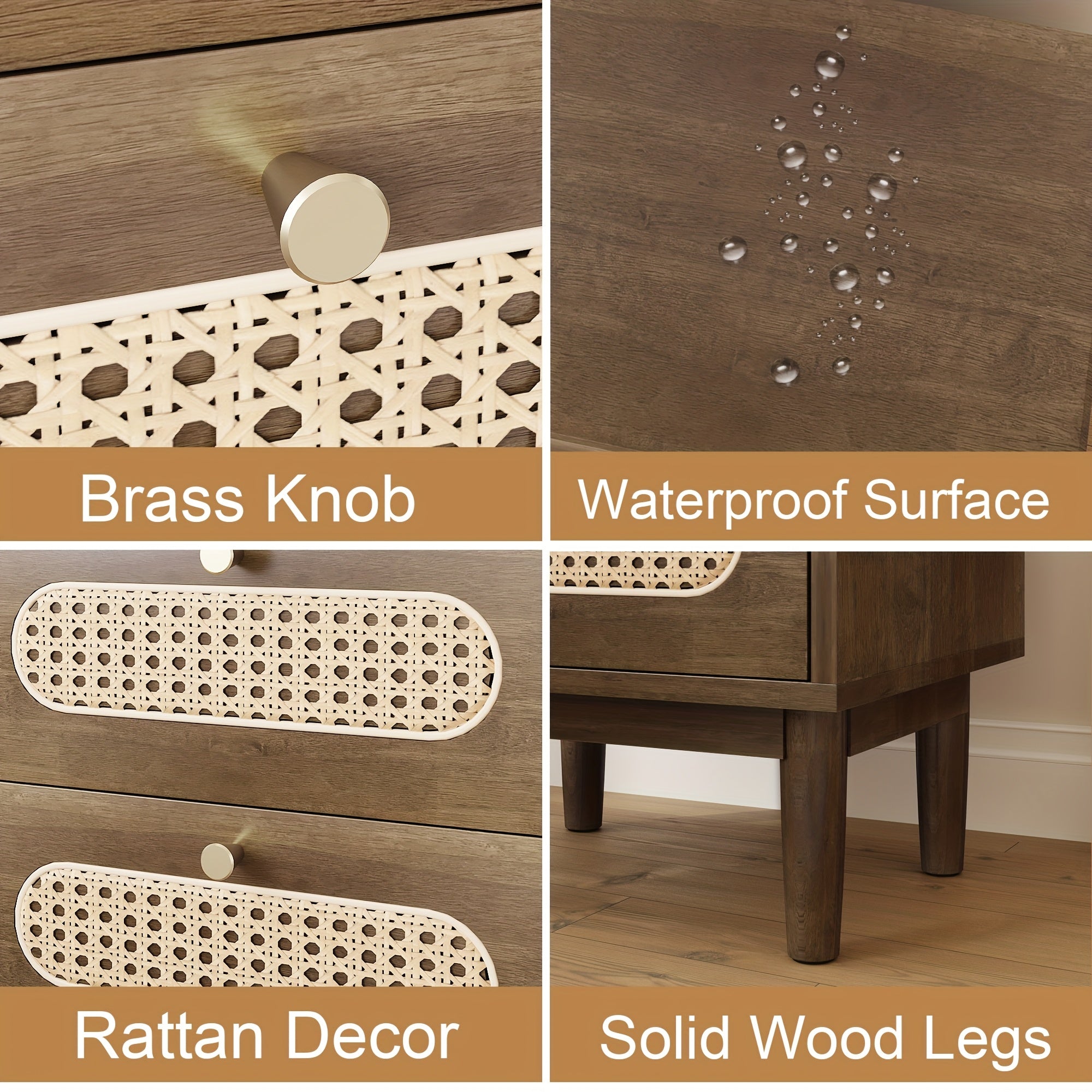 Rattan Nightstand, Solid Oak Wood Nightstand, Boho End Table with 2 Drawer, Bedside Tables Night Stands for Bedrooms, Side Tables for Home