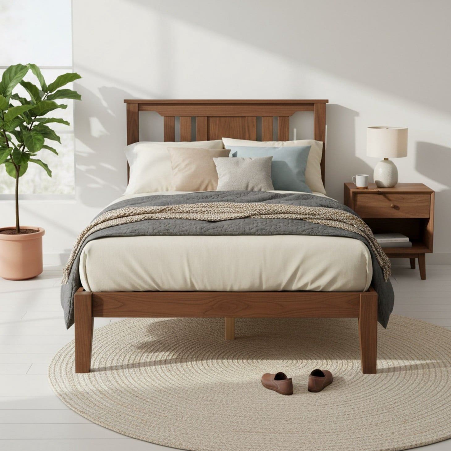 Mid Century Solid Wood Platform Bed With Headboard | Walnut End, Wood Slat Support, No Box Spring Needed, Classic Style By Edx