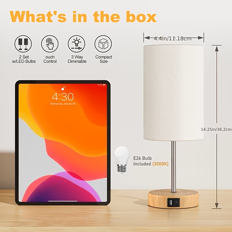 1\u002F2pcs Bedside Table Lamp For Bedroom - 3 Way Dimmable Touch Lamp USB C Charging Ports, Small Lamp Wood Base Round Shade For Living Room, Desk, A19 LED Bulb Included