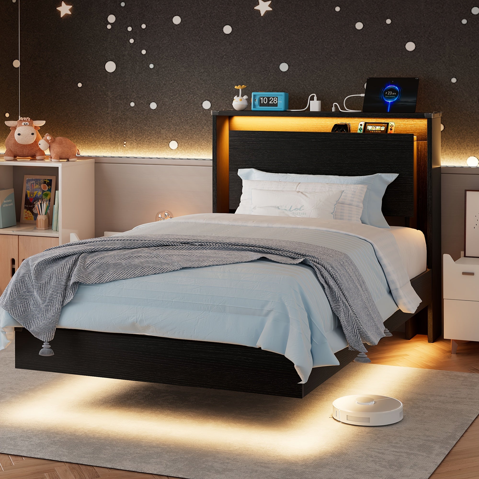 Floating Bed Frame with LED Lights & Charging Station, Heavy Duty Metal Support Frame, Easy Assembly