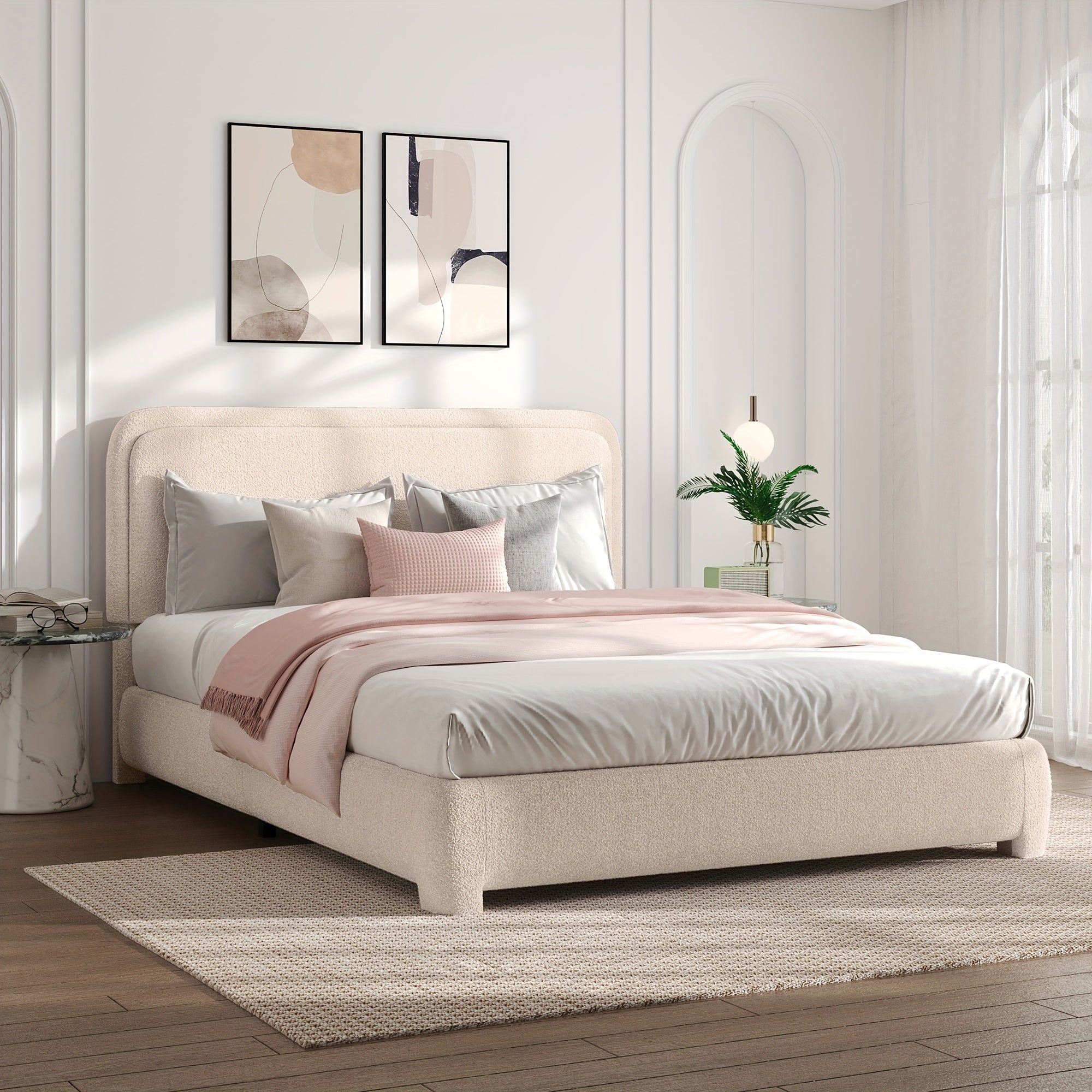 Queen Size Bed Frame And Headboard, Platform Bed Frame, Modern Style, Soft Rounded Corners, No Box Spring Required, Easy Assembly, Queen Bed Frame, Cream White Grey