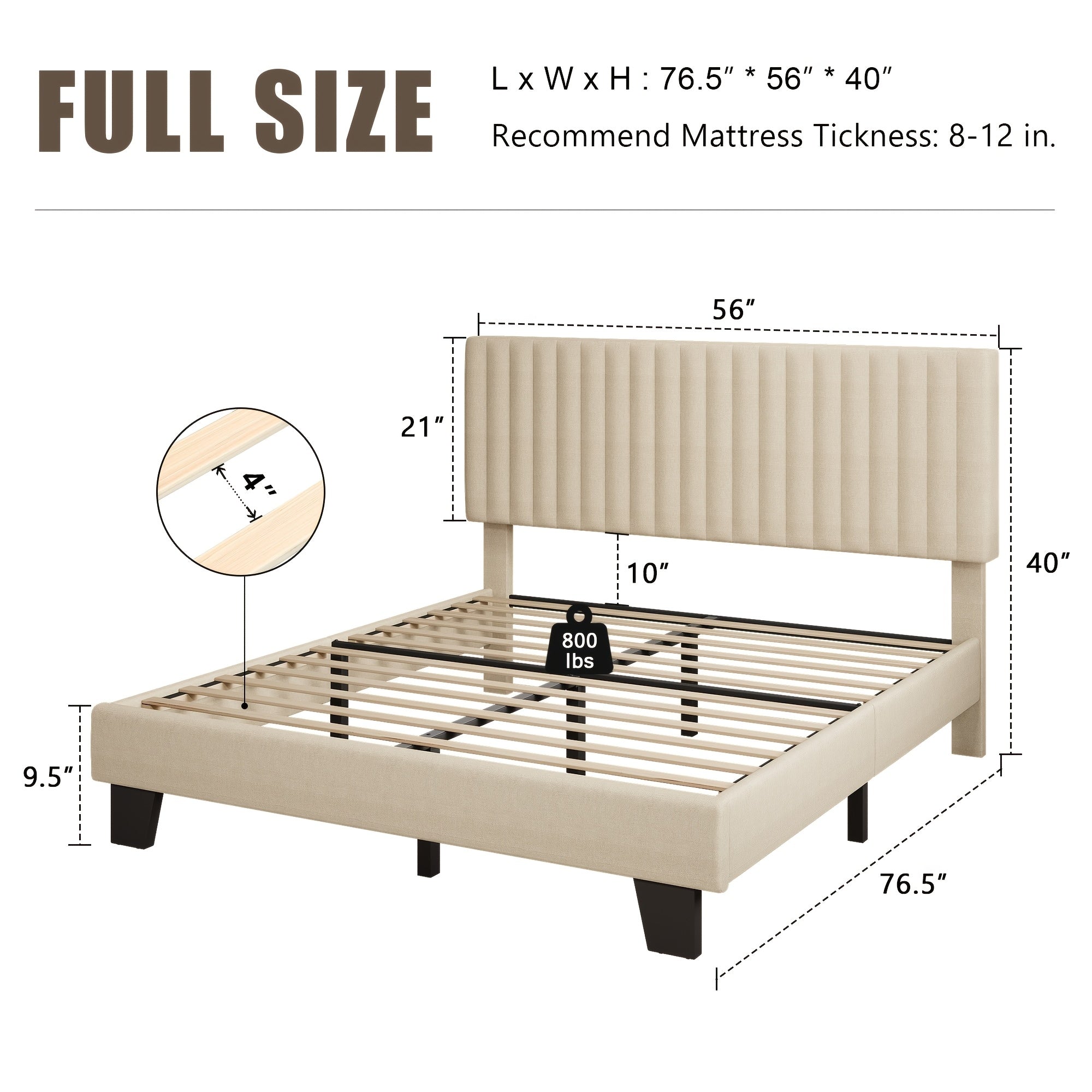 Elegant Modern Bed Frame with Vertical Striped Headboard Design, Platform Bed with Vertical Linen Or Velvet Headboard, Wide Bed Legs And Strong Wood Slats Support, Easy Assembly, Bed Frame Without Mattress