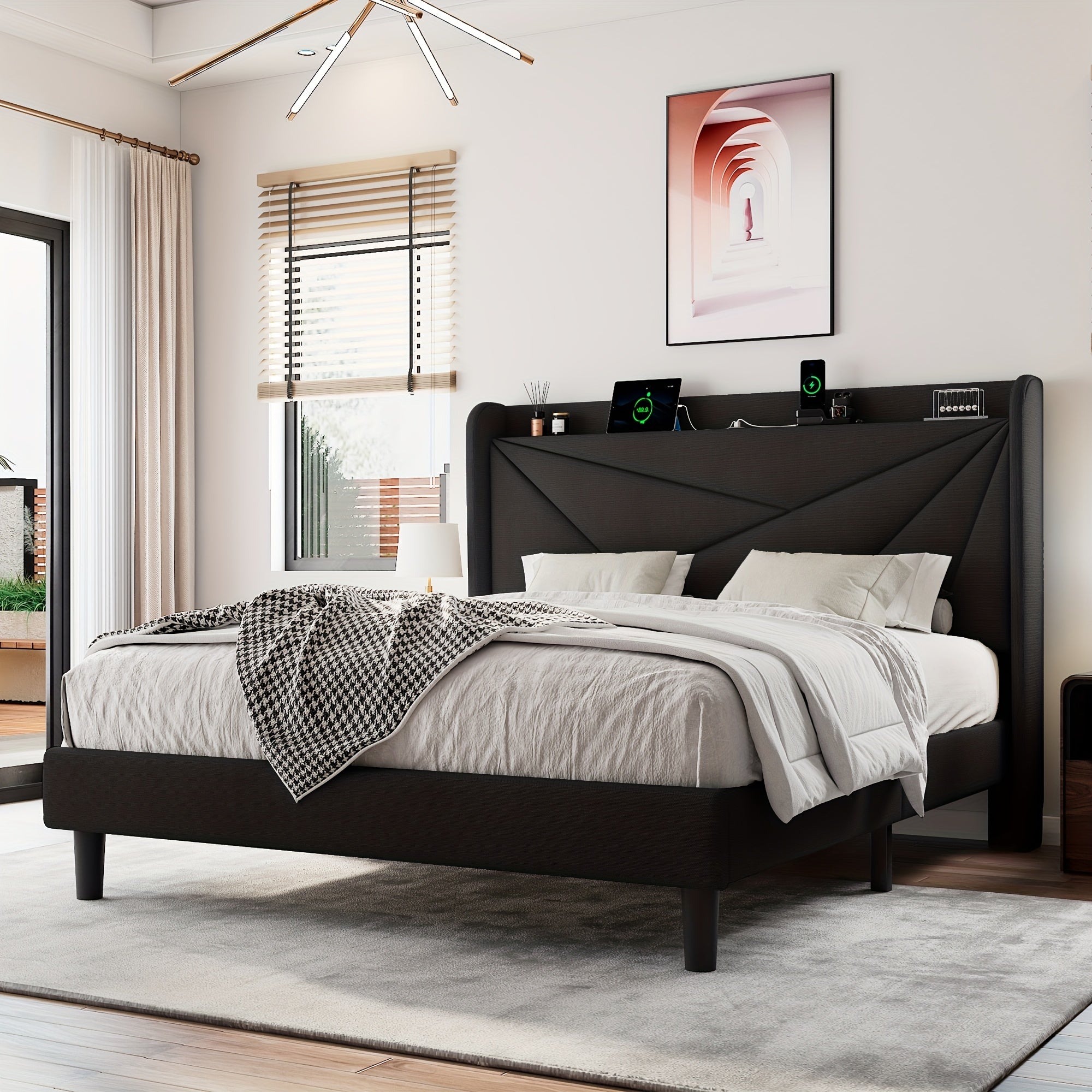 Bed Frame with 8-Inch High Under-Bed Storage Space, Easy-To-Assemble Modern-Style Platform Bed, Geometric Linen\u002FVelvet Storage Headboard Design, Built-In Charging Station, Bed Frame Without Mattress