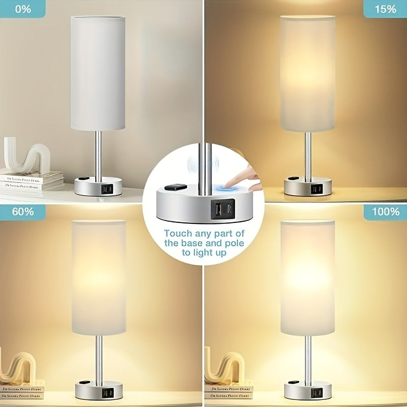 1\u002F2pcs Bedside Table Lamp For Bedroom - 3 Way Dimmable Touch Lamp USB C Charging Ports, Small Lamp Wood Base Round Shade For Living Room, Desk, A19 LED Bulb Included