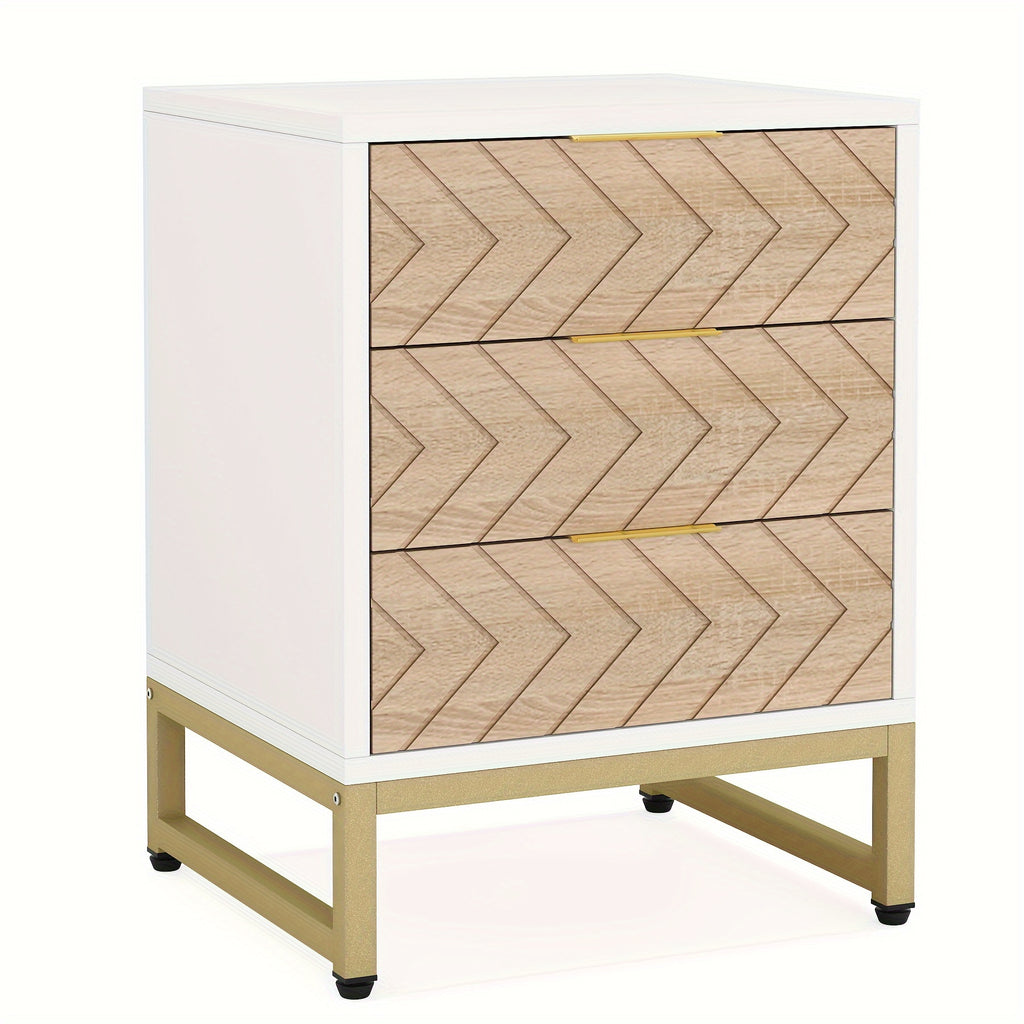 2 Pieces. Modern Simple Bedside Table With 3 Drawers. Metal Bracket. Wooden Scratch-resistant And Stain-resistant Board. Easy To Install. Living Room Storage Cabinet, Coffee Table, Coffee Table, Side Table, Sofa Table. White\u002Fgold.