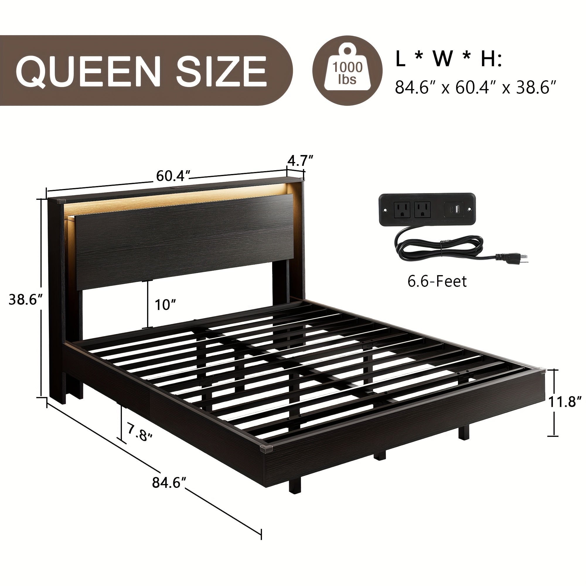 Floating Bed Frame with LED Lights & Charging Station, Heavy Duty Metal Support Frame, Easy Assembly