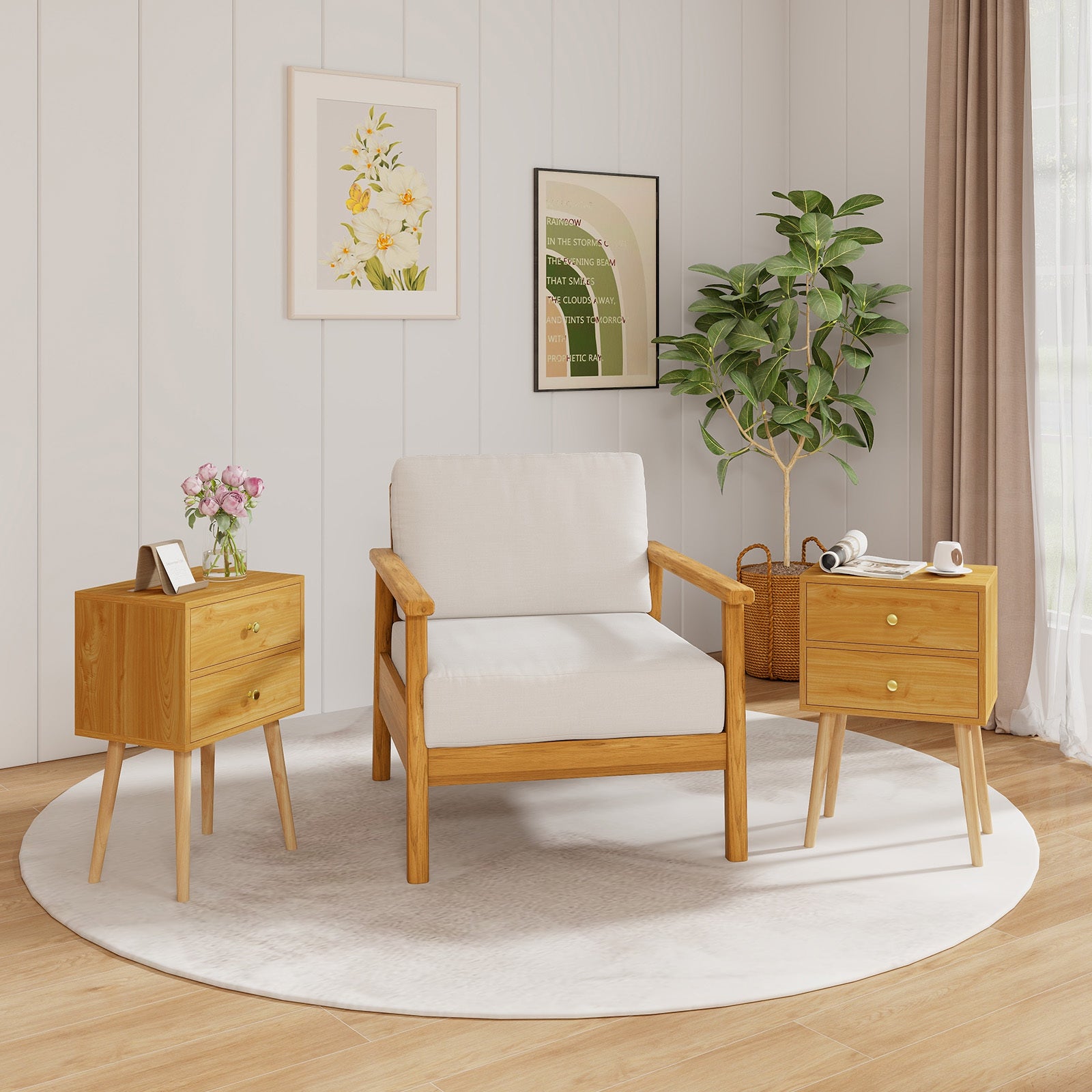 COSTWAY 2-Drawer Nightstand with Anti-Tipping System & Solid Wood Legs, Mid-Century Modern Bedside Table, 140 Weight Capacity Bedside Cabinet, Space-Saving End Table for Small Spaces, \u002FPet, Easy Assembly ( Wood)