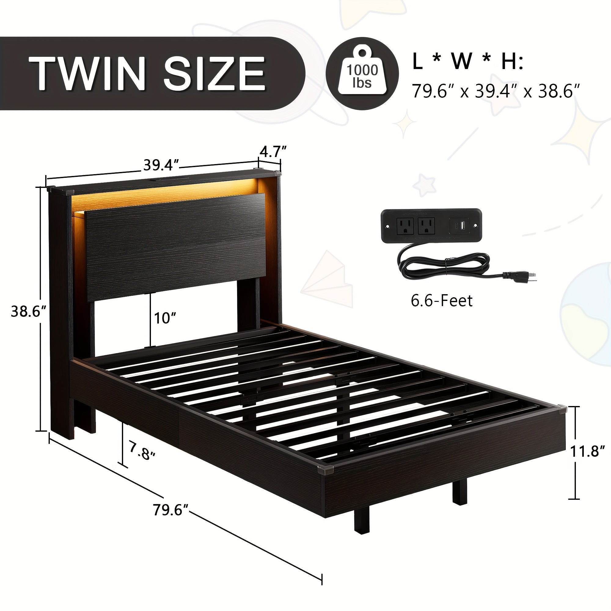 Floating Bed Frame with LED Lights & Charging Station, Heavy Duty Metal Support Frame, Easy Assembly