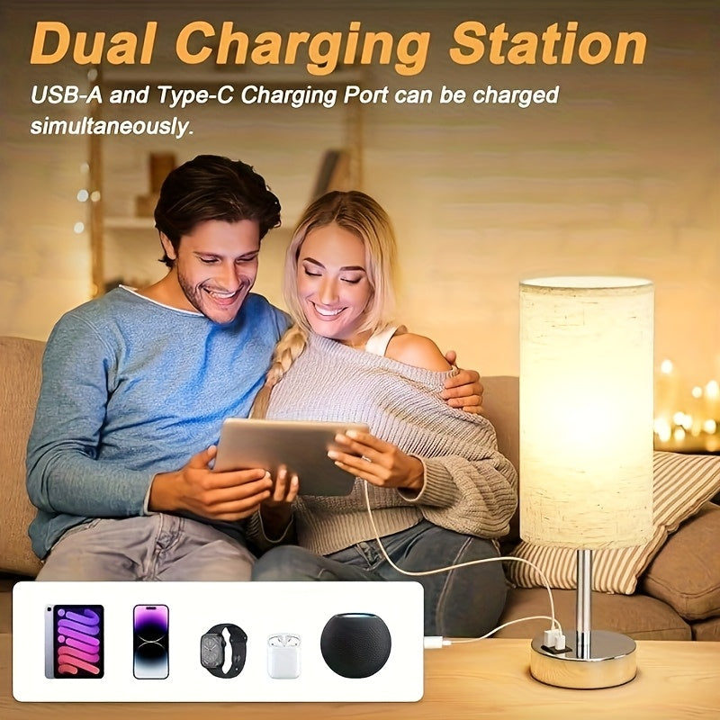1\u002F2pcs Bedside Table Lamp For Bedroom - 3 Way Dimmable Touch Lamp USB C Charging Ports, Small Lamp Wood Base Round Shade For Living Room, Desk, A19 LED Bulb Included