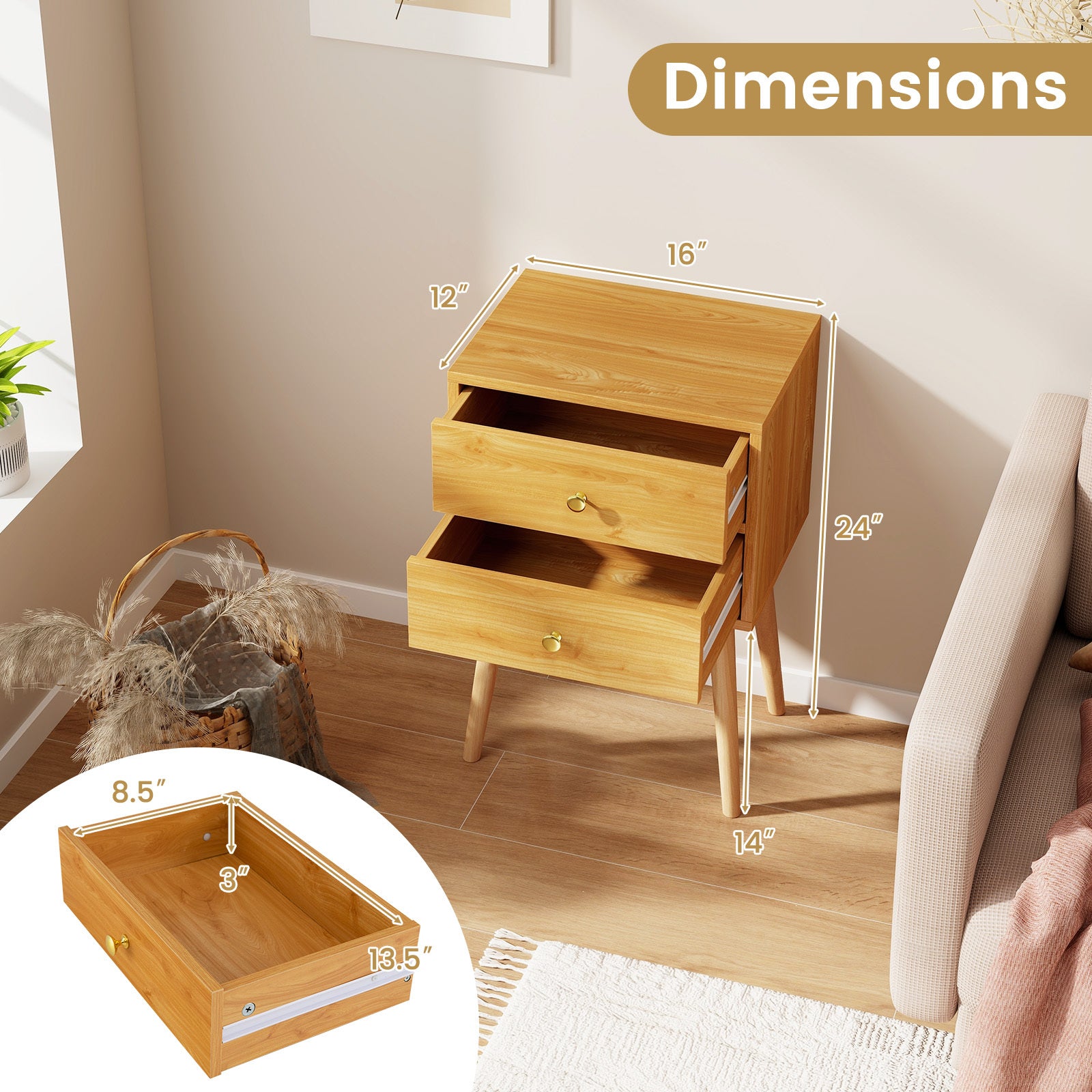 COSTWAY 2-Drawer Nightstand with Anti-Tipping System & Solid Wood Legs, Mid-Century Modern Bedside Table, 140 Weight Capacity Bedside Cabinet, Space-Saving End Table for Small Spaces, \u002FPet, Easy Assembly ( Wood)