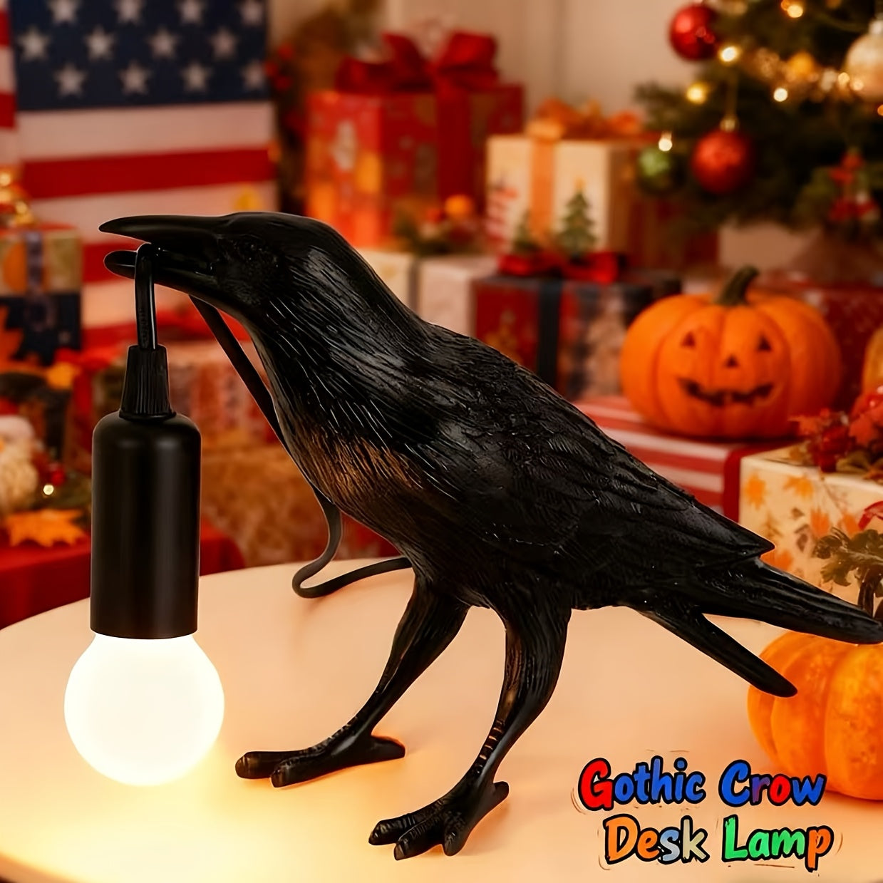Gothic Crow Desk Lamp, Resin Realistic Raven Statue With E12 Base Bulb Included, Dark Academia Bedroom\u002FLiving Room Decor, Perfect Halloween Christmas Gift For Goth Enthusiasts & Bookworms, Unique Artistic Night Light For Desk\u002FBookshelf