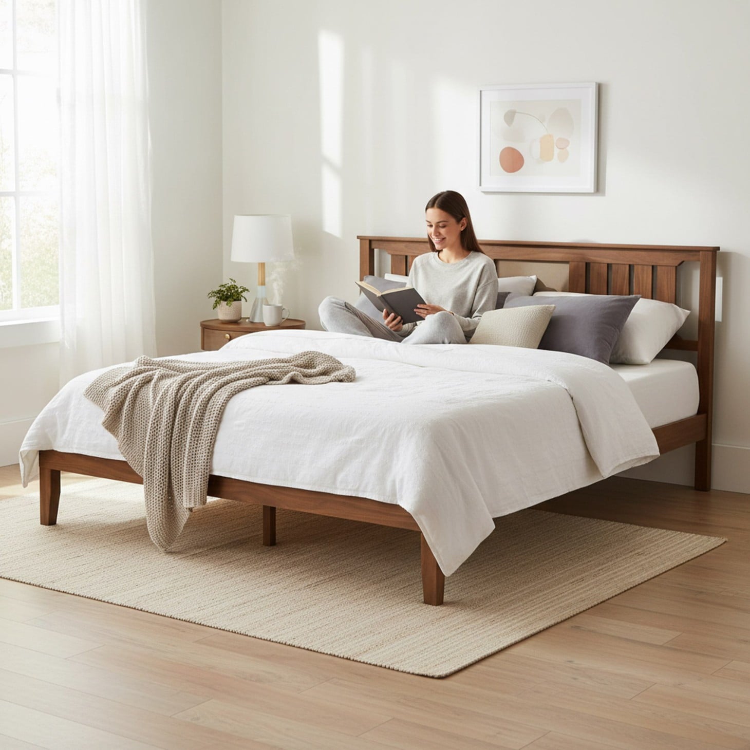 Mid Century Solid Wood Platform Bed With Headboard | Walnut End, Wood Slat Support, No Box Spring Needed, Classic Style By Edx