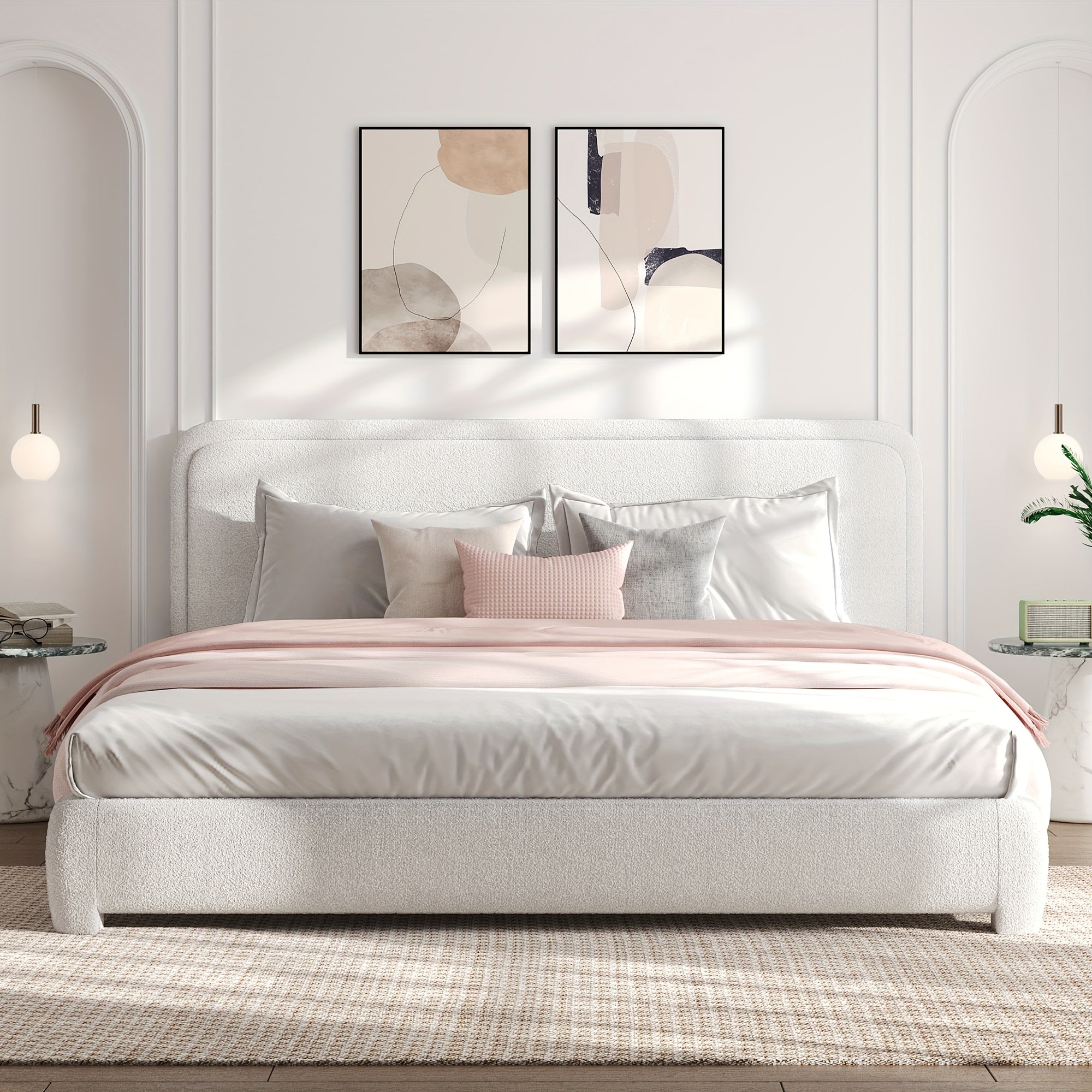 Queen Size Bed Frame And Headboard, Platform Bed Frame, Modern Style, Soft Rounded Corners, No Box Spring Required, Easy Assembly, Queen Bed Frame, Cream White Grey