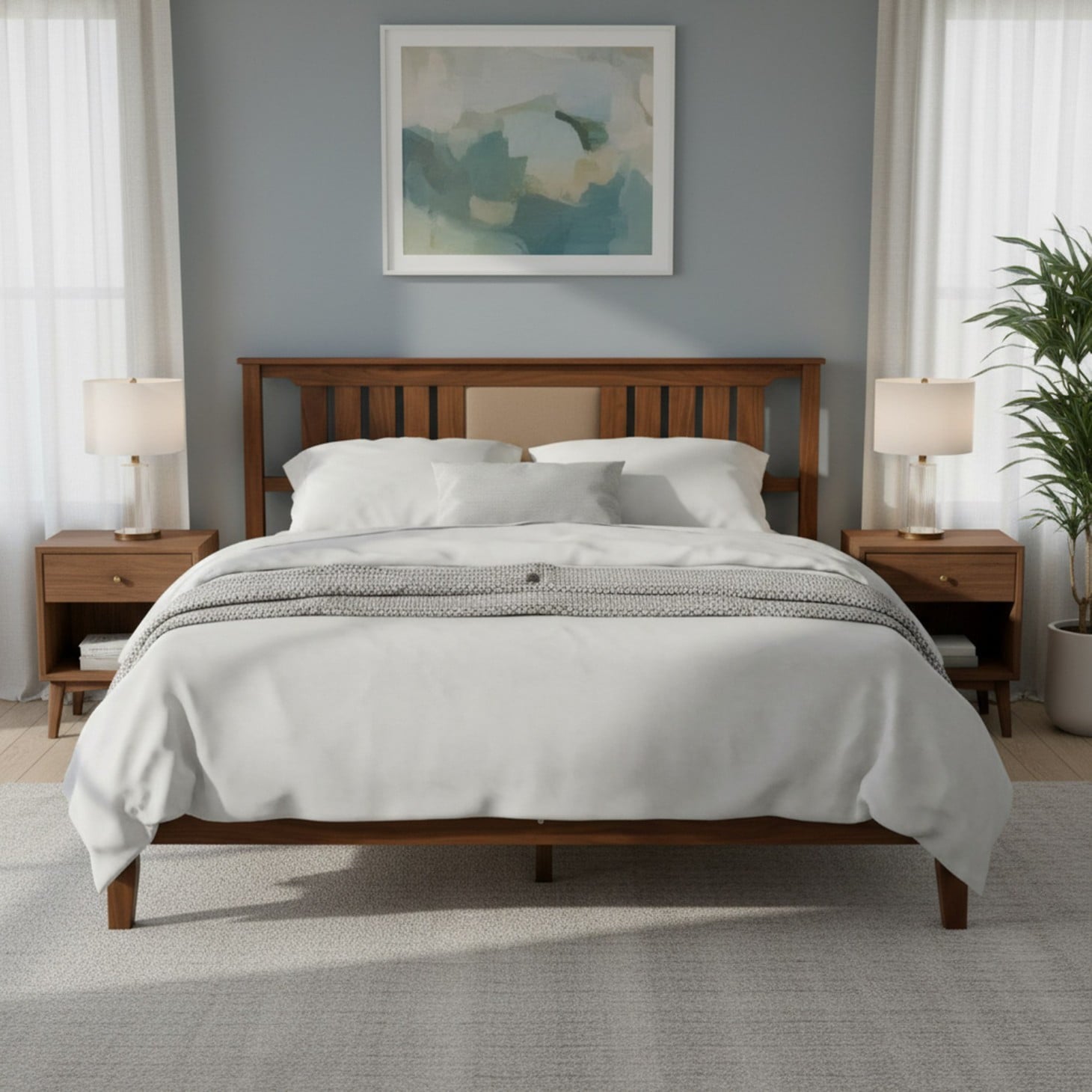 Mid Century Solid Wood Platform Bed With Headboard | Walnut End, Wood Slat Support, No Box Spring Needed, Classic Style By Edx