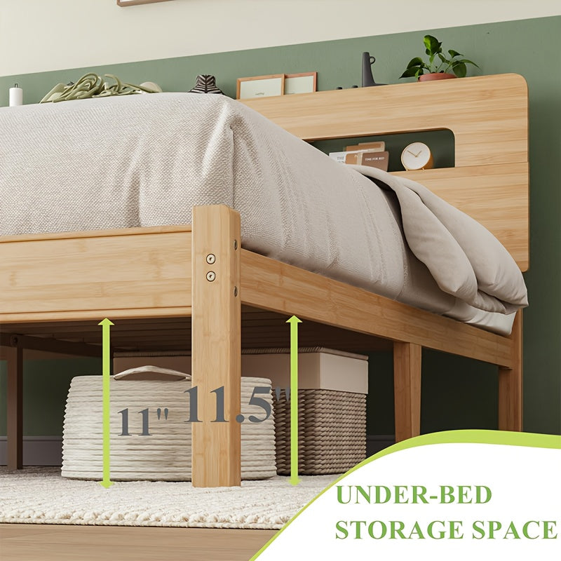 Solid Bamboo Wood Queen Bed Frame With Storage Headboard, 14 Inch Platform Bed Frame Queen No Box Spring Needed With Steel Slats, Sturdy And Stable, Easy Assembly, Noise Free