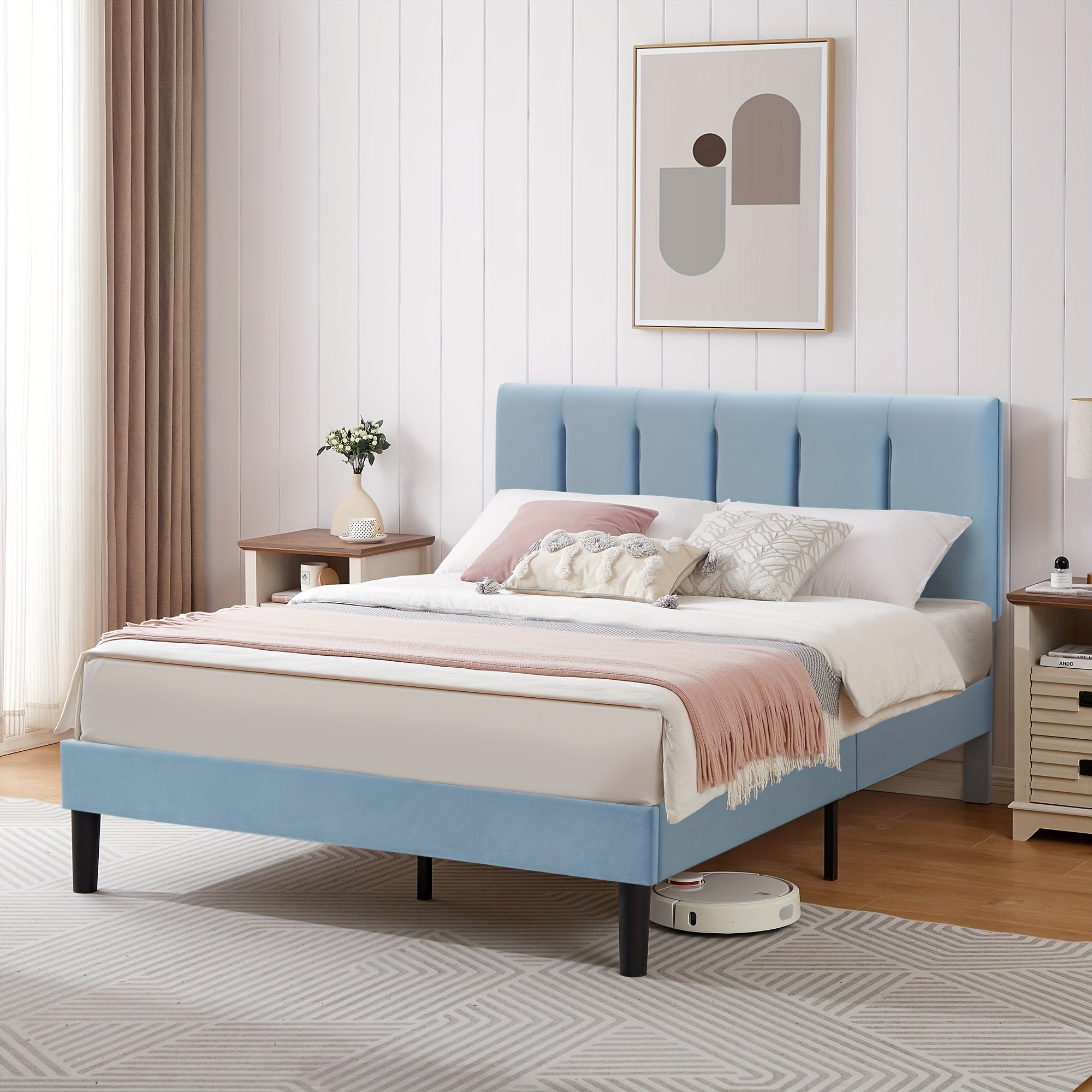 Upholstered Bed Frame Twin\u002FFull\u002FQueen Size Platform Bed with Adjustable Headboard Wood Slats Support