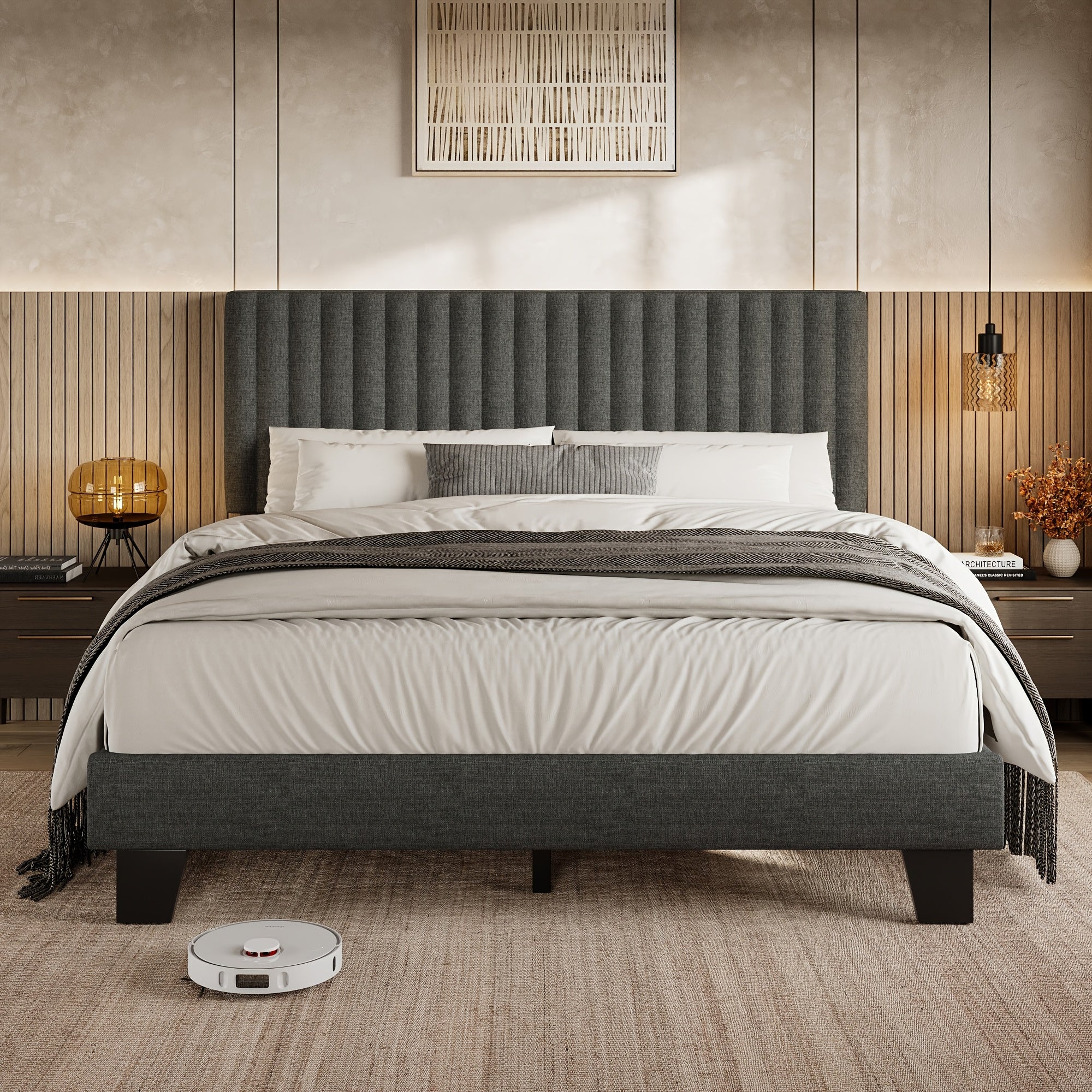 Elegant Modern Bed Frame with Vertical Striped Headboard Design, Platform Bed with Vertical Linen Or Velvet Headboard, Wide Bed Legs And Strong Wood Slats Support, Easy Assembly, Bed Frame Without Mattress