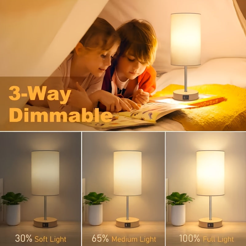 1\u002F2pcs Bedside Table Lamp For Bedroom - 3 Way Dimmable Touch Lamp USB C Charging Ports, Small Lamp Wood Base Round Shade For Living Room, Desk, A19 LED Bulb Included