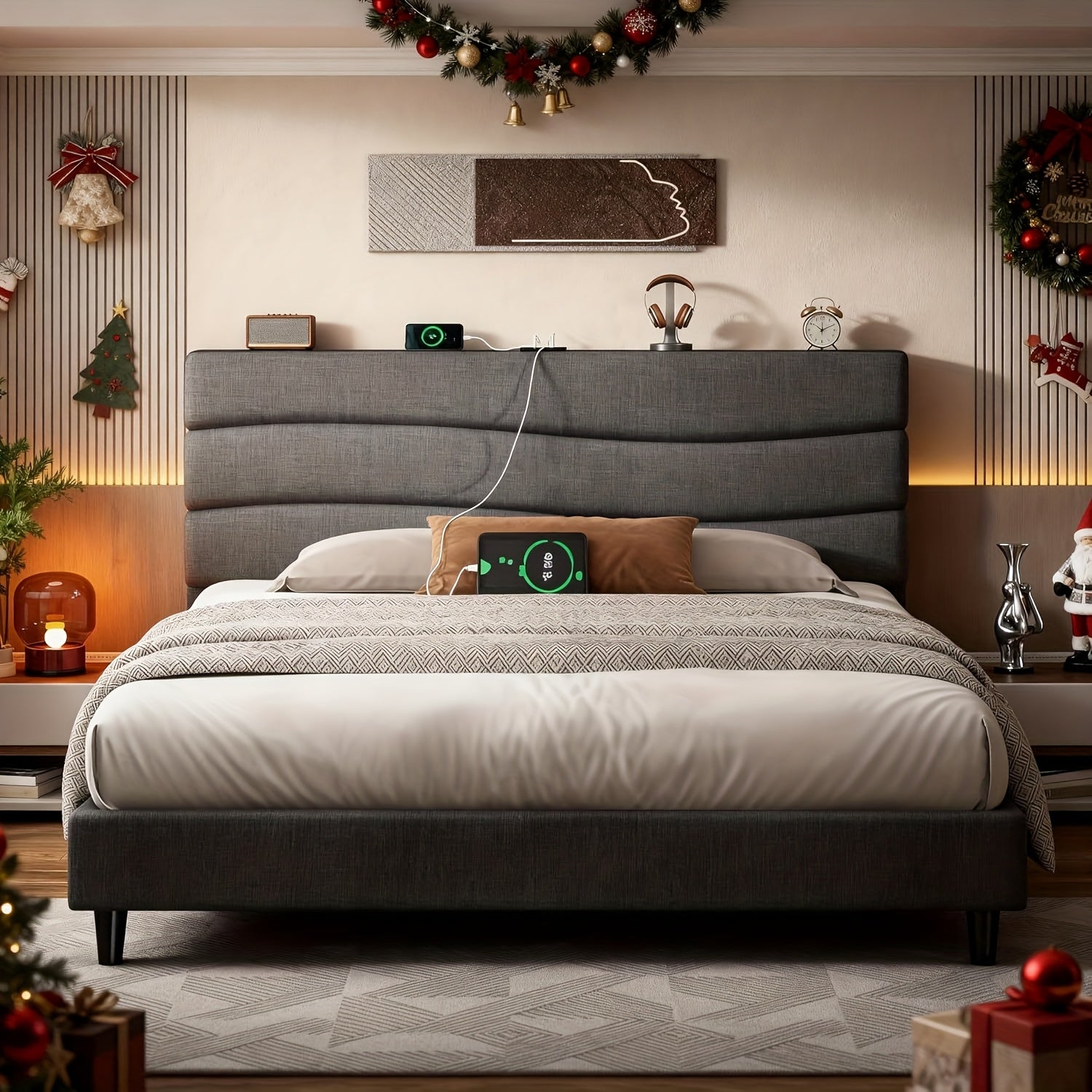 ENHOMEE Queen Bed Frame with Storage | USB Charging Ports, Adjustable Headboard, Sturdy Metal Platform, Noise-Reduction Design, 880LBS Capacity, Contemporary Style, Light Beige\u002FGray