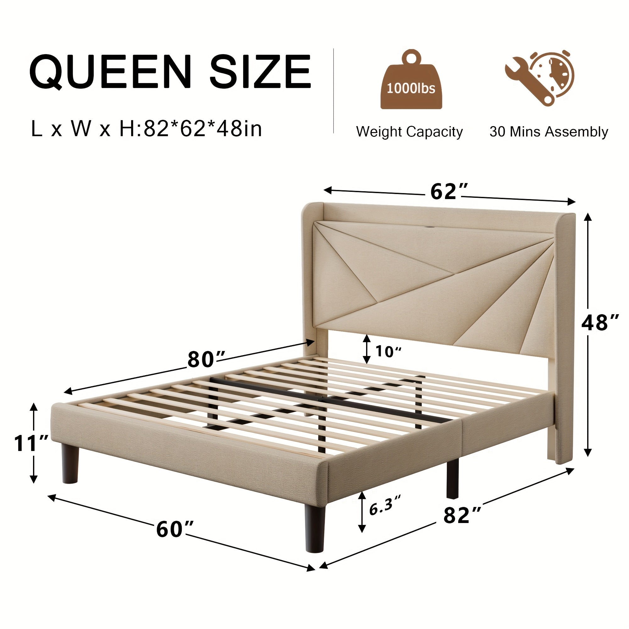 Bed Frame with 8-Inch High Under-Bed Storage Space, Easy-To-Assemble Modern-Style Platform Bed, Geometric Linen\u002FVelvet Storage Headboard Design, Built-In Charging Station, Bed Frame Without Mattress